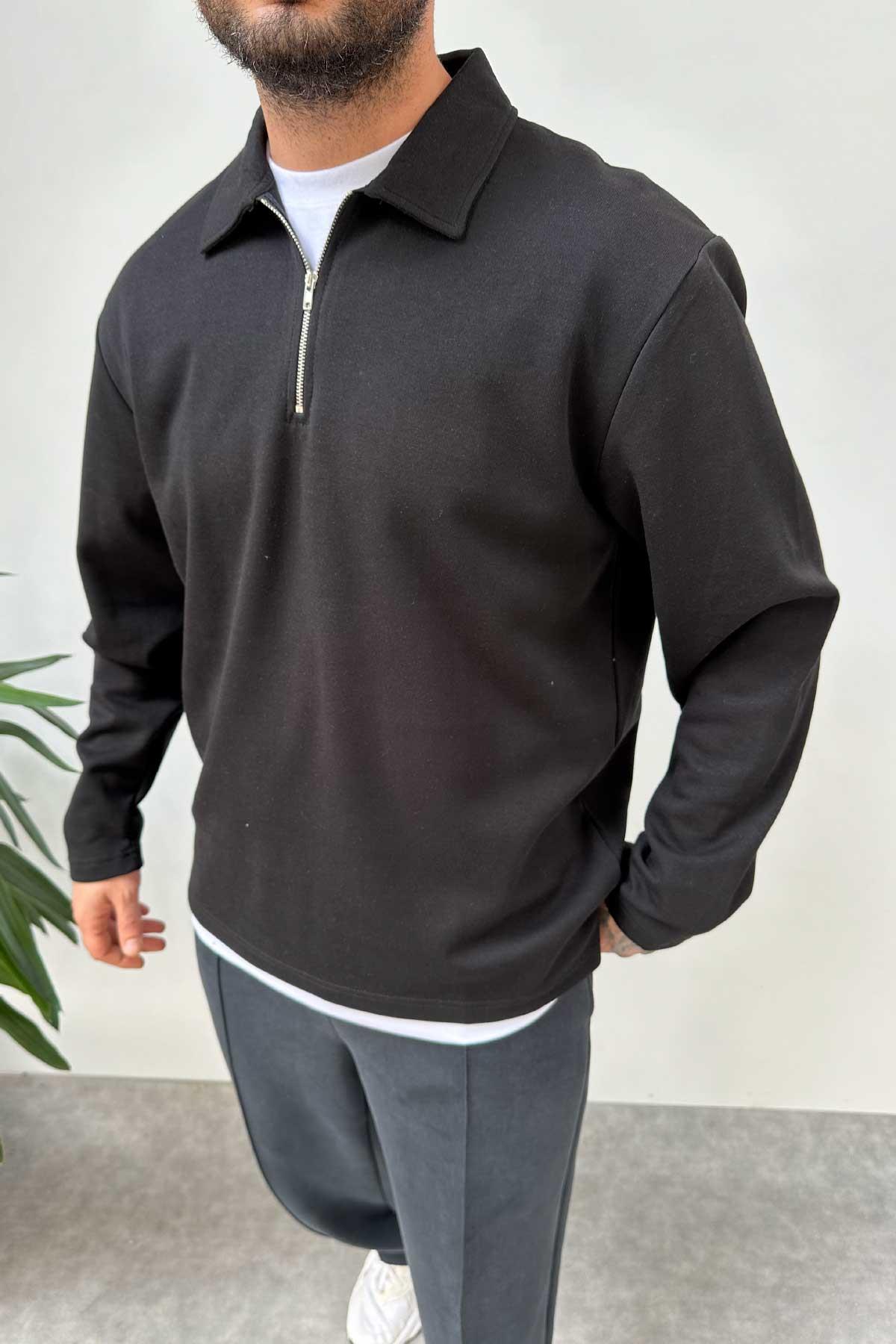 Siyah Oversize Polo Yaka Sweatshirt