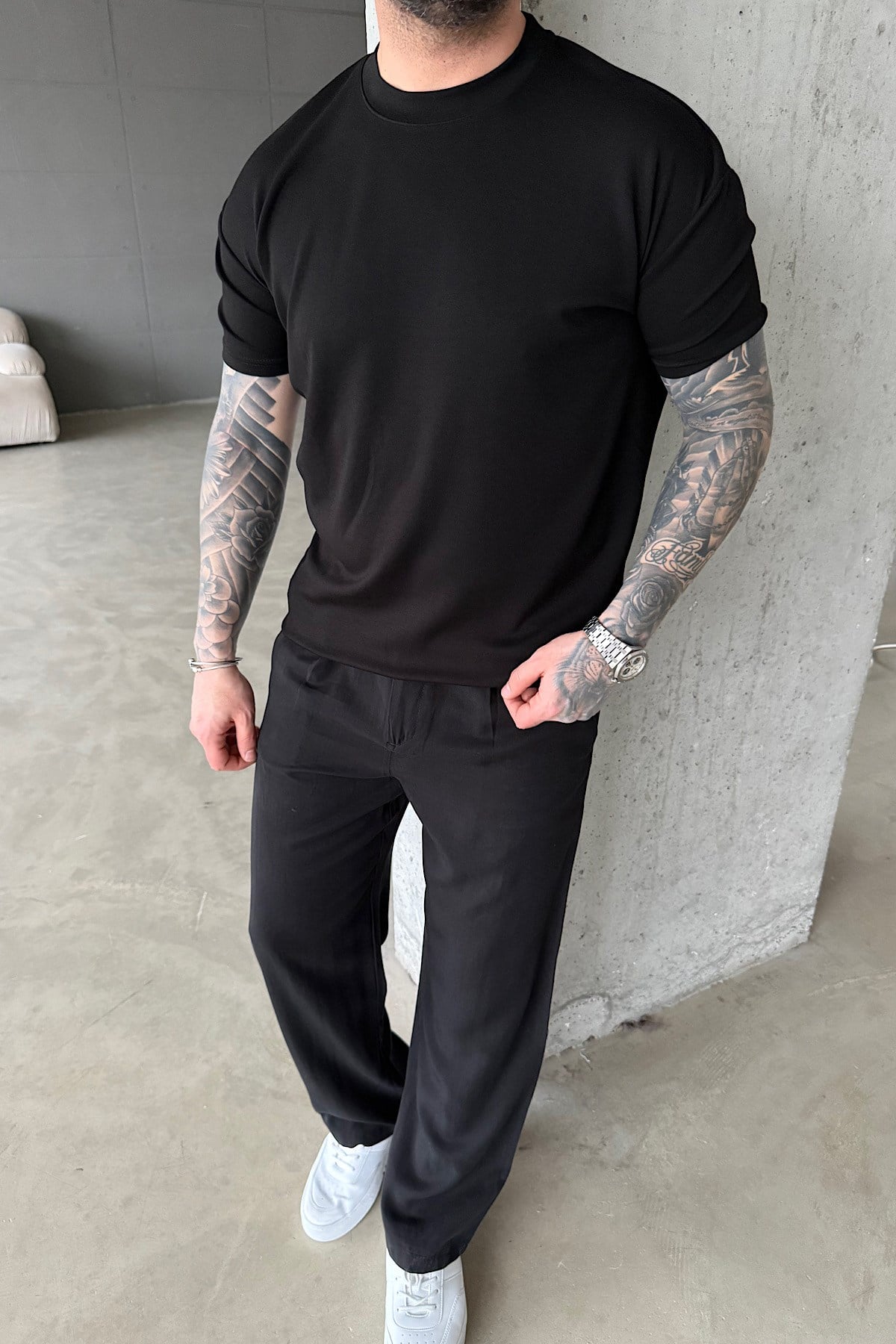 Siyah Oysho Kumaş Basic T-Shirt