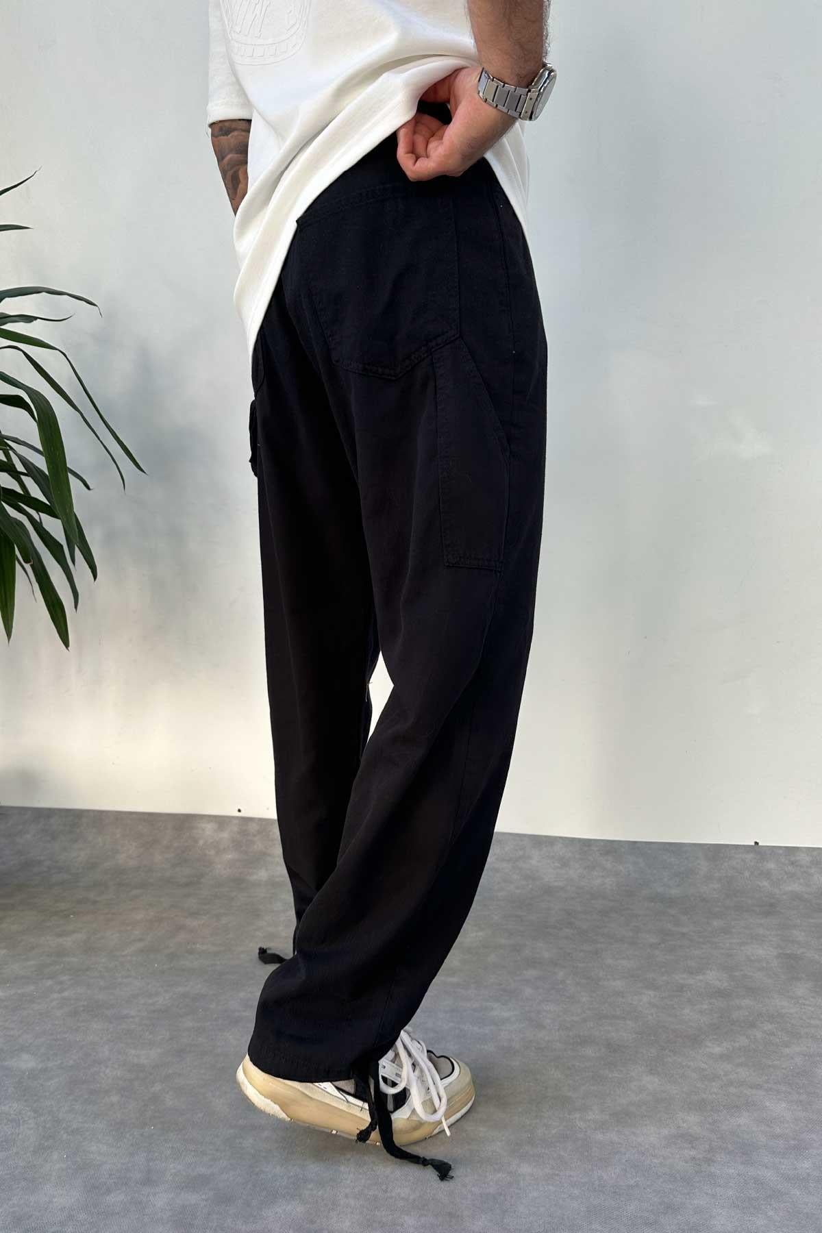 Siyah Paçası Ayarlanabilir Baggy Pantolon