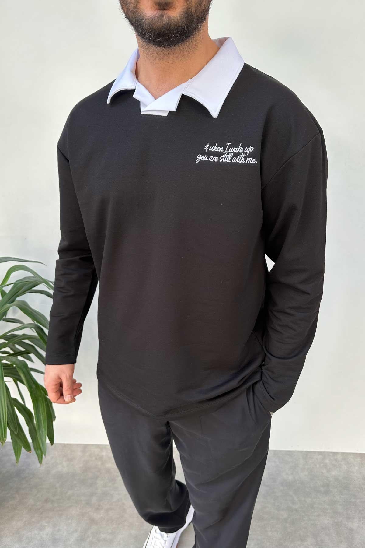 Siyah Polo Yaka Oversize Sweatshirt