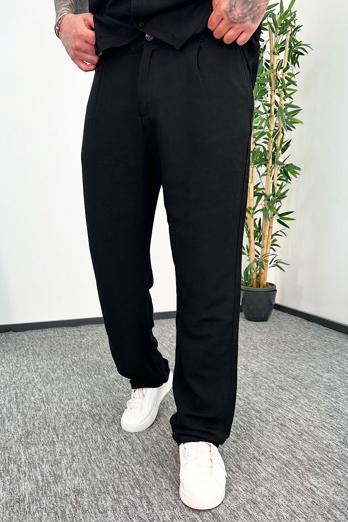 Siyah Regular Kalıp Keten Pantolon