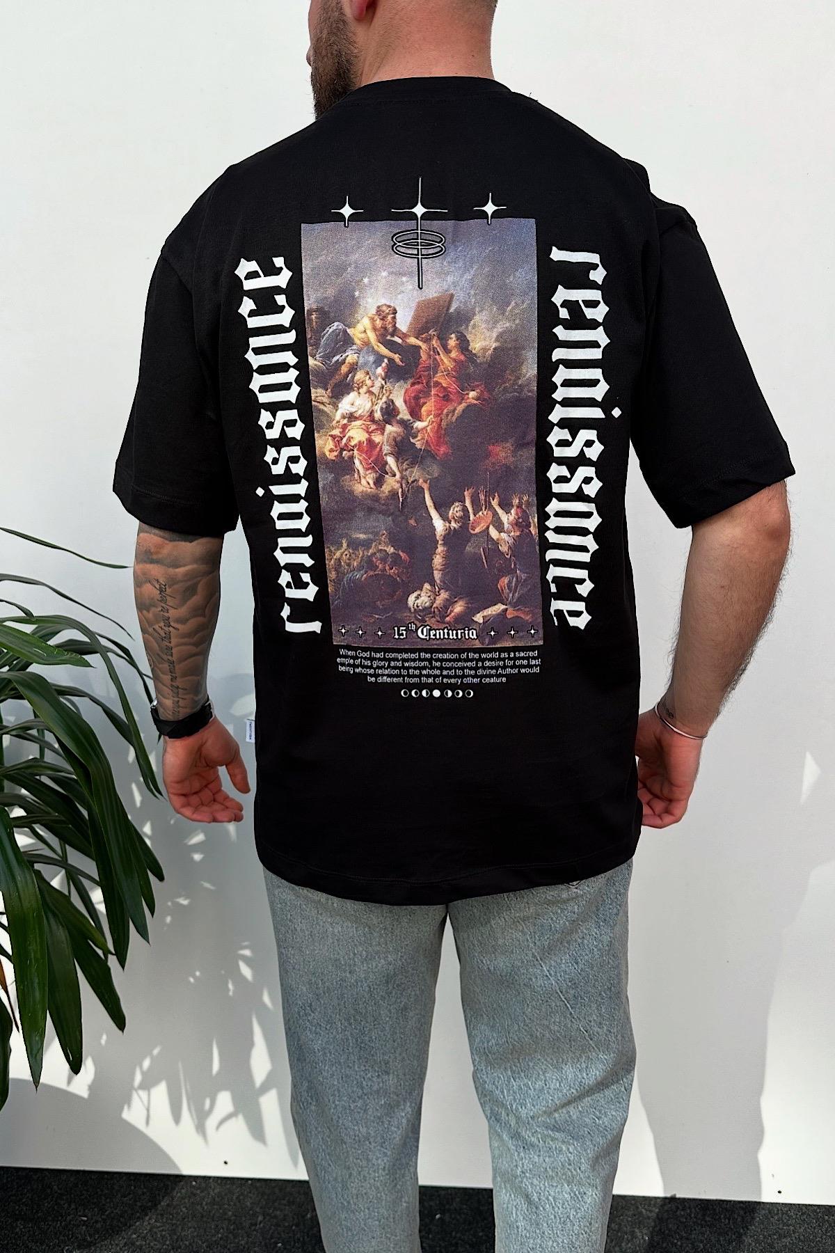 Siyah Renaissance Baskılı T-Shirt