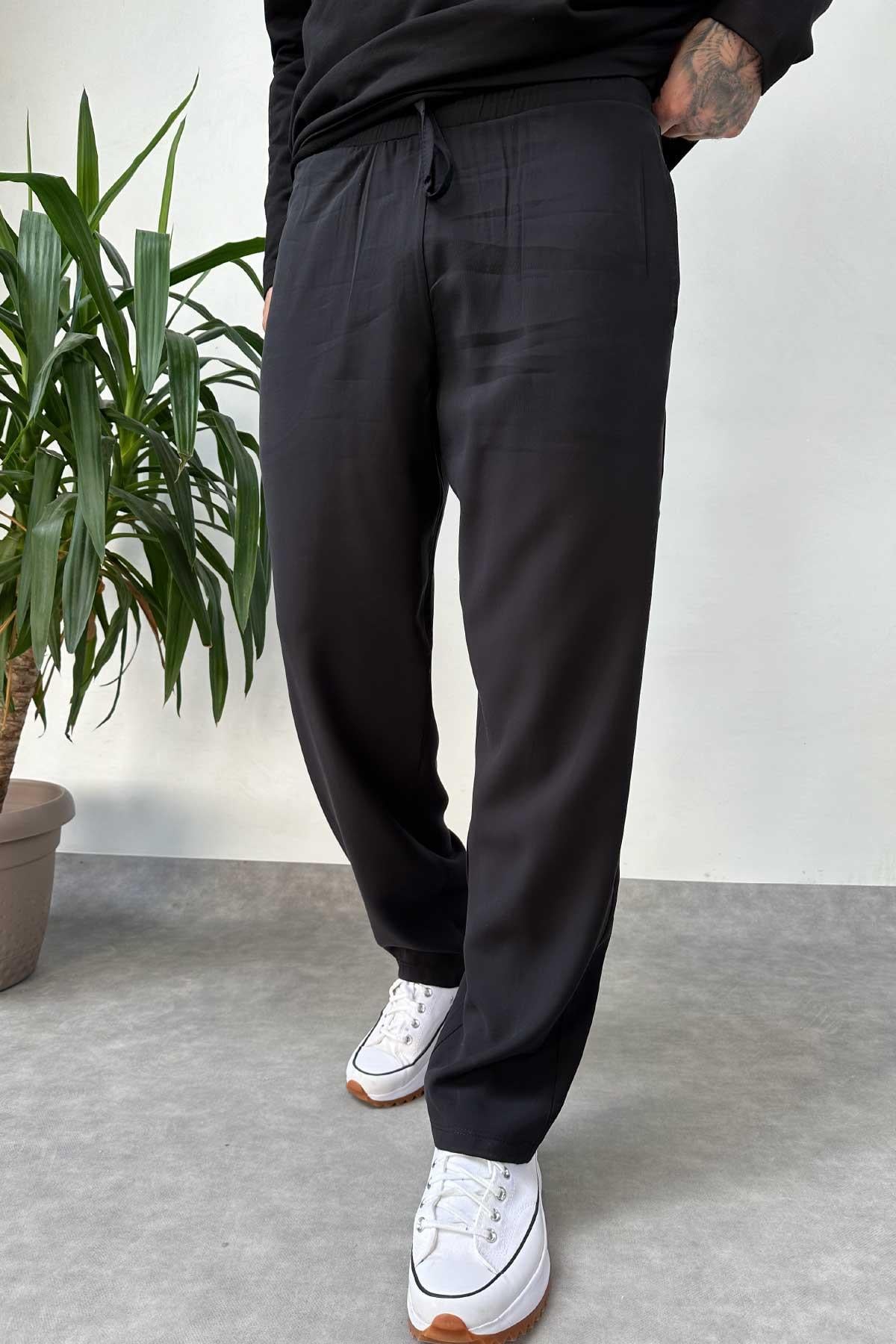Siyah Tensel Kumaş Baggy Pantolon