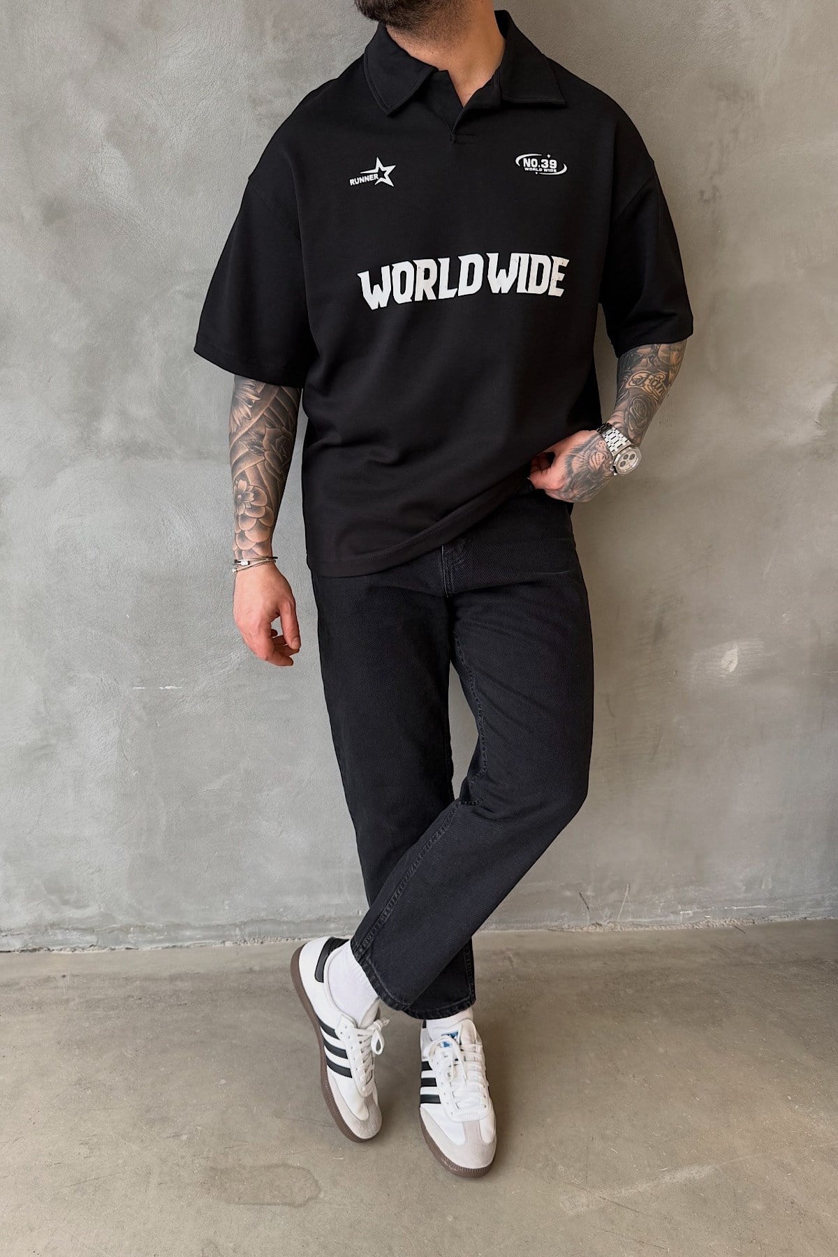 Siyah Worlwide Polo Yaka T-Shirt