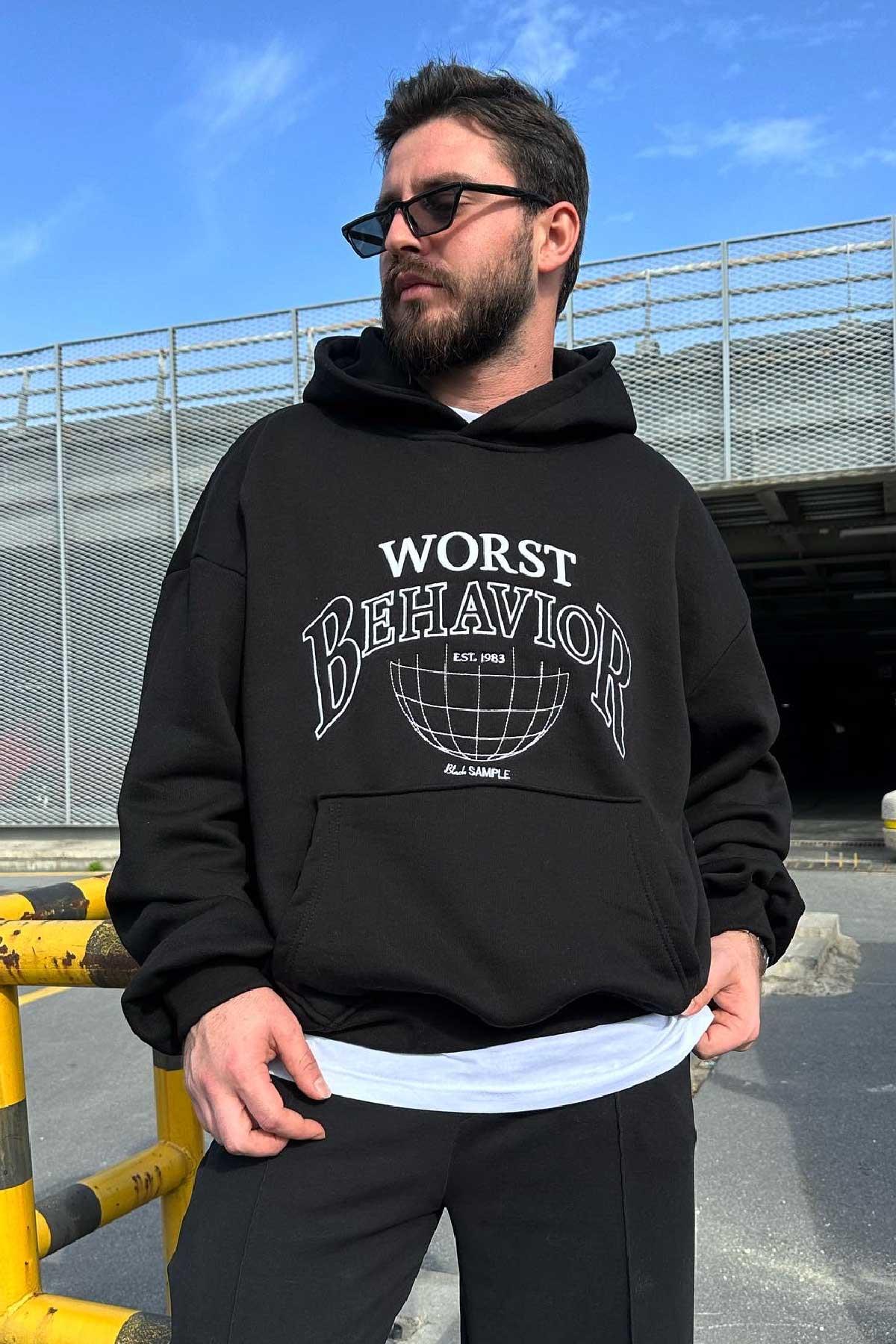 Siyah Worst Kapşonlu Sweatshirt