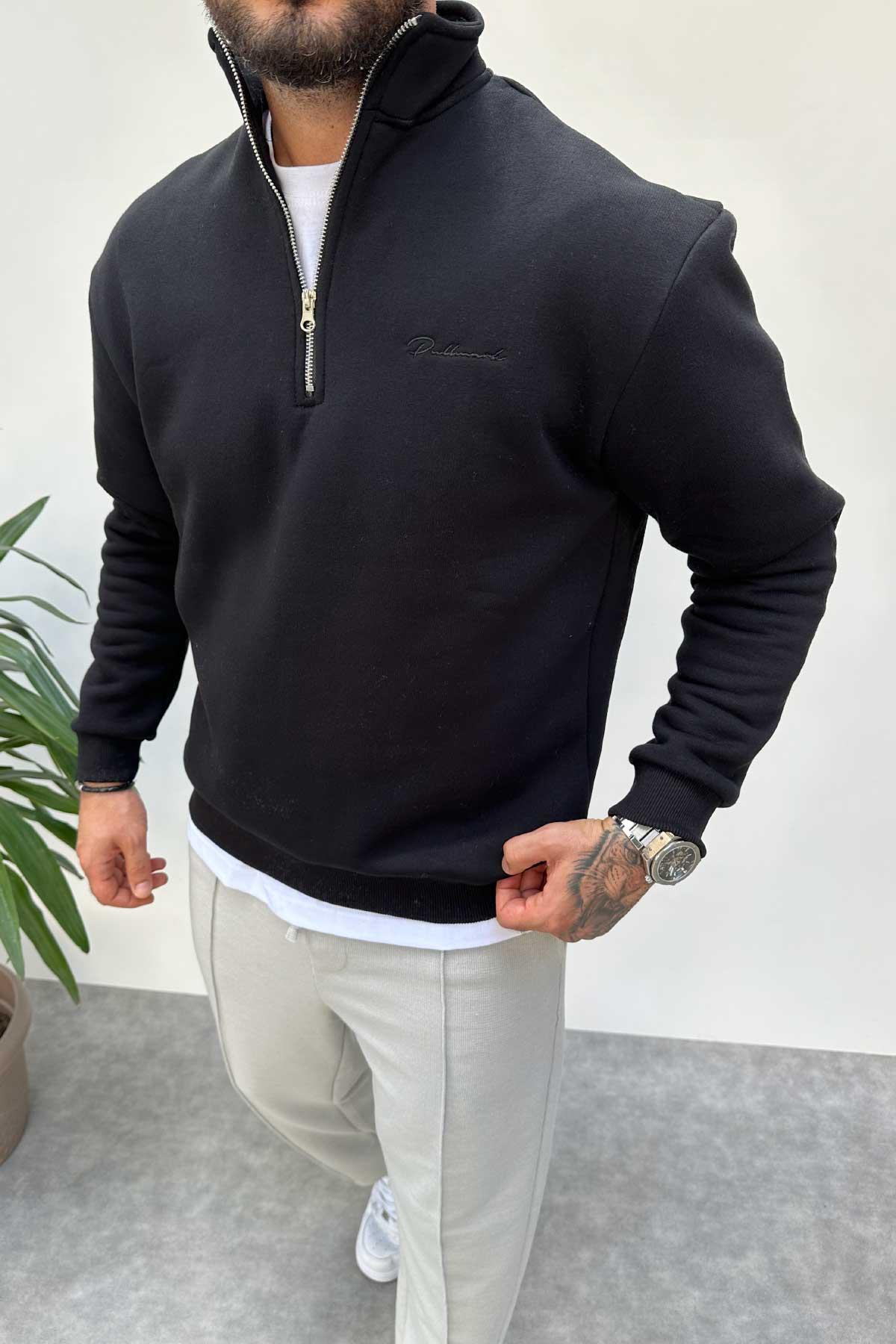 Siyah Yarım Fermuarlı Nakışlı Sweatshirt
