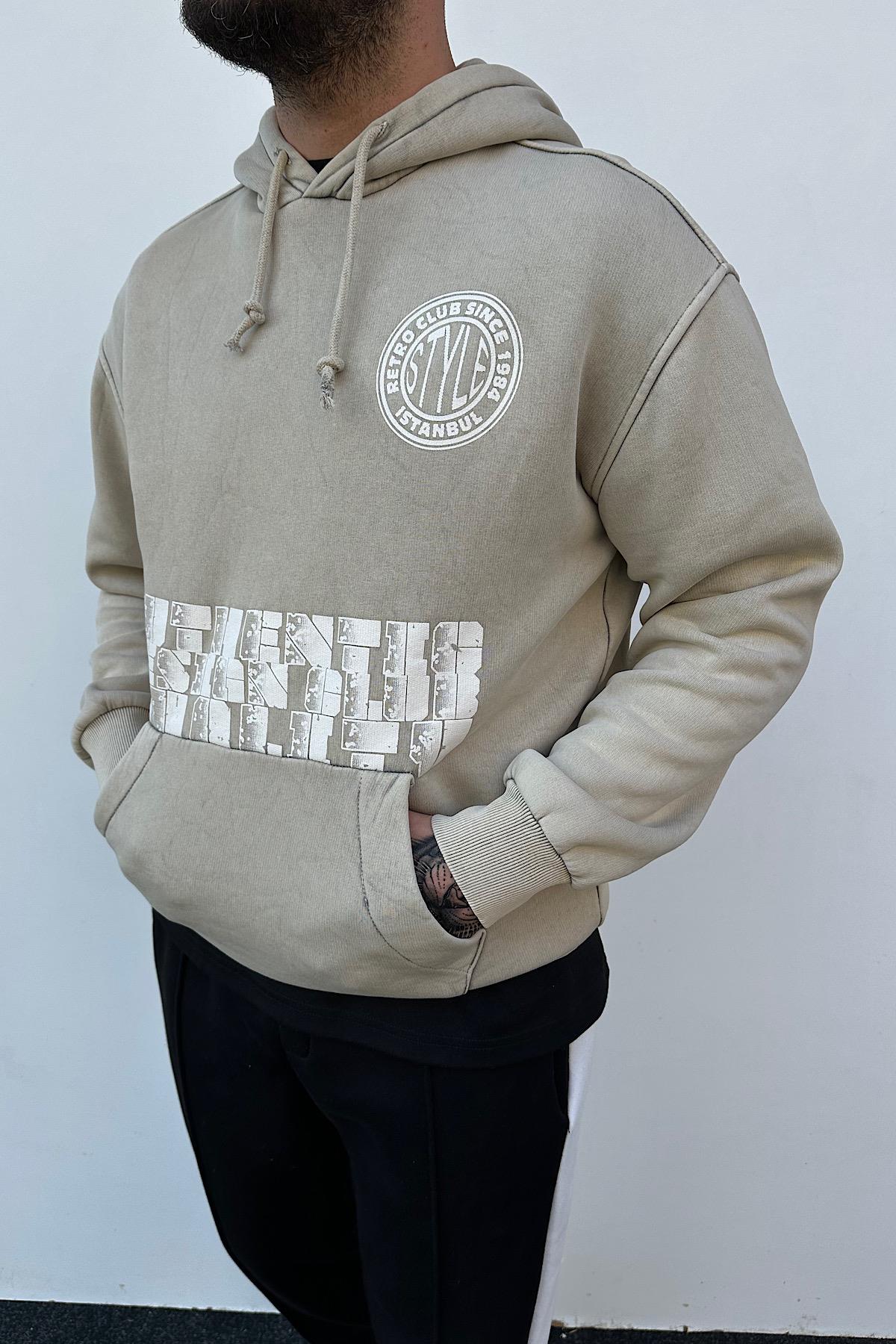 Taş Rengi Yıkamalı Kapşonlu Sweatshirt 