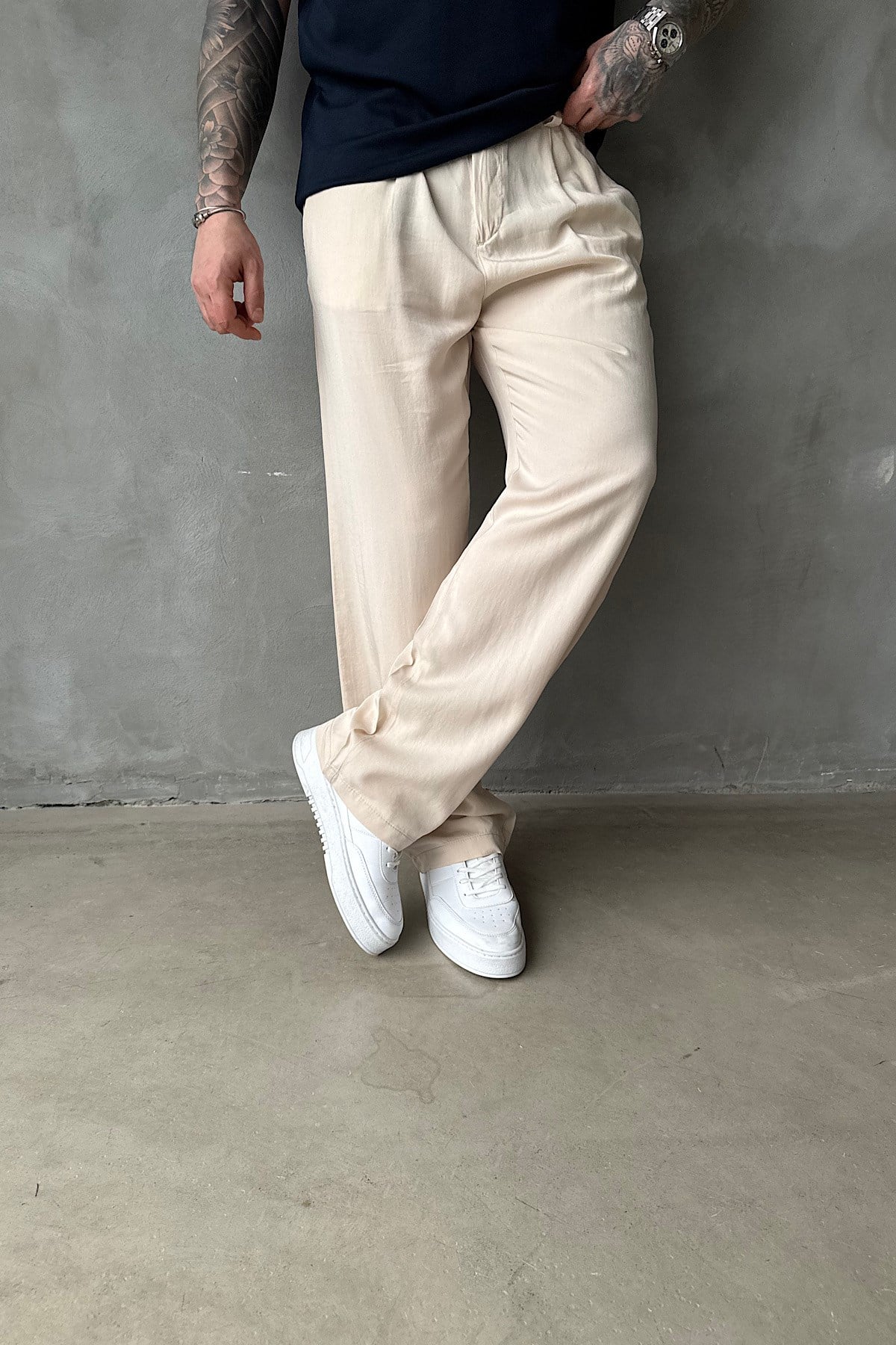 Tensel Kumaş Bej Baggy Pantolon 