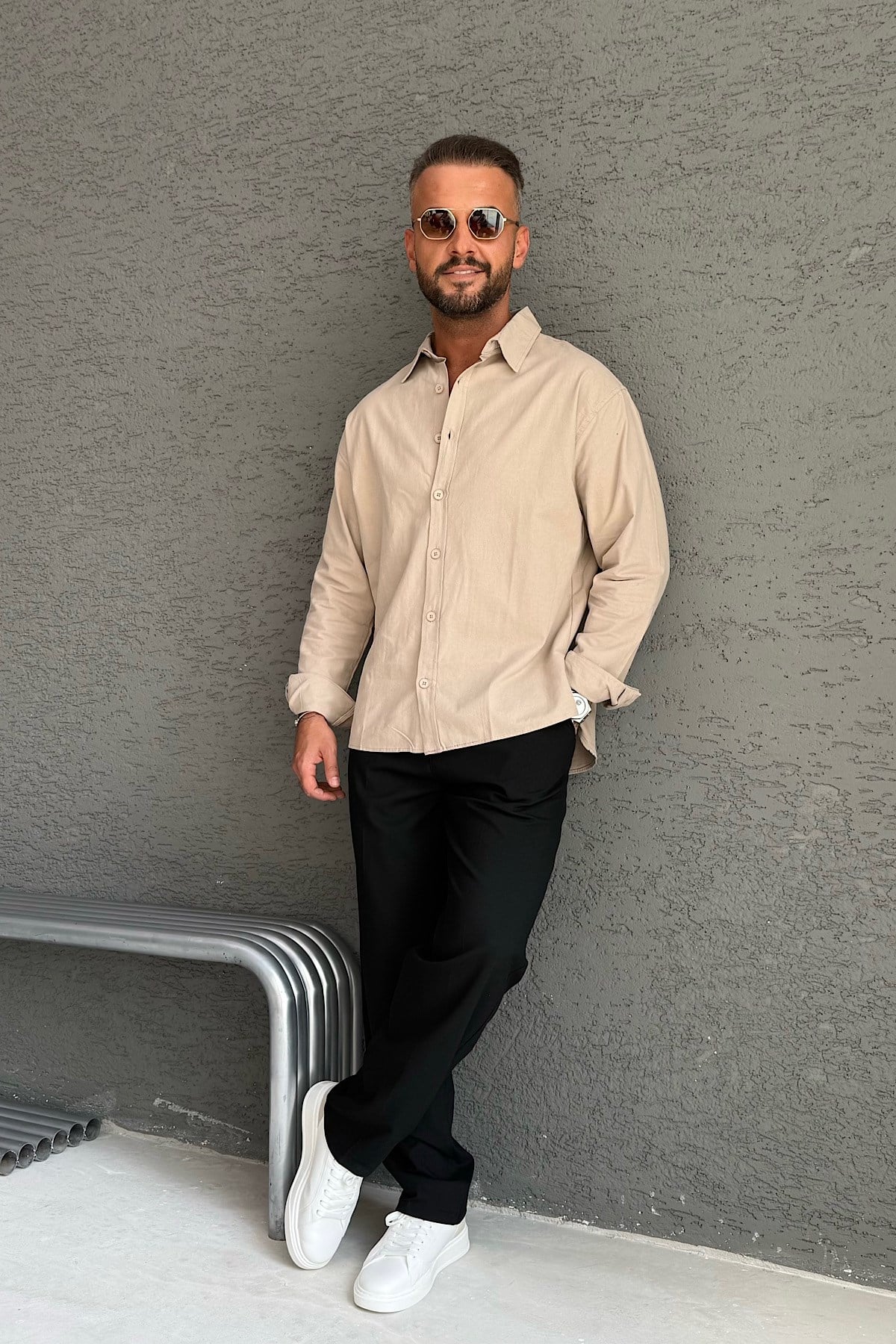 Tok Kumaş Bej Oversize Gömlek