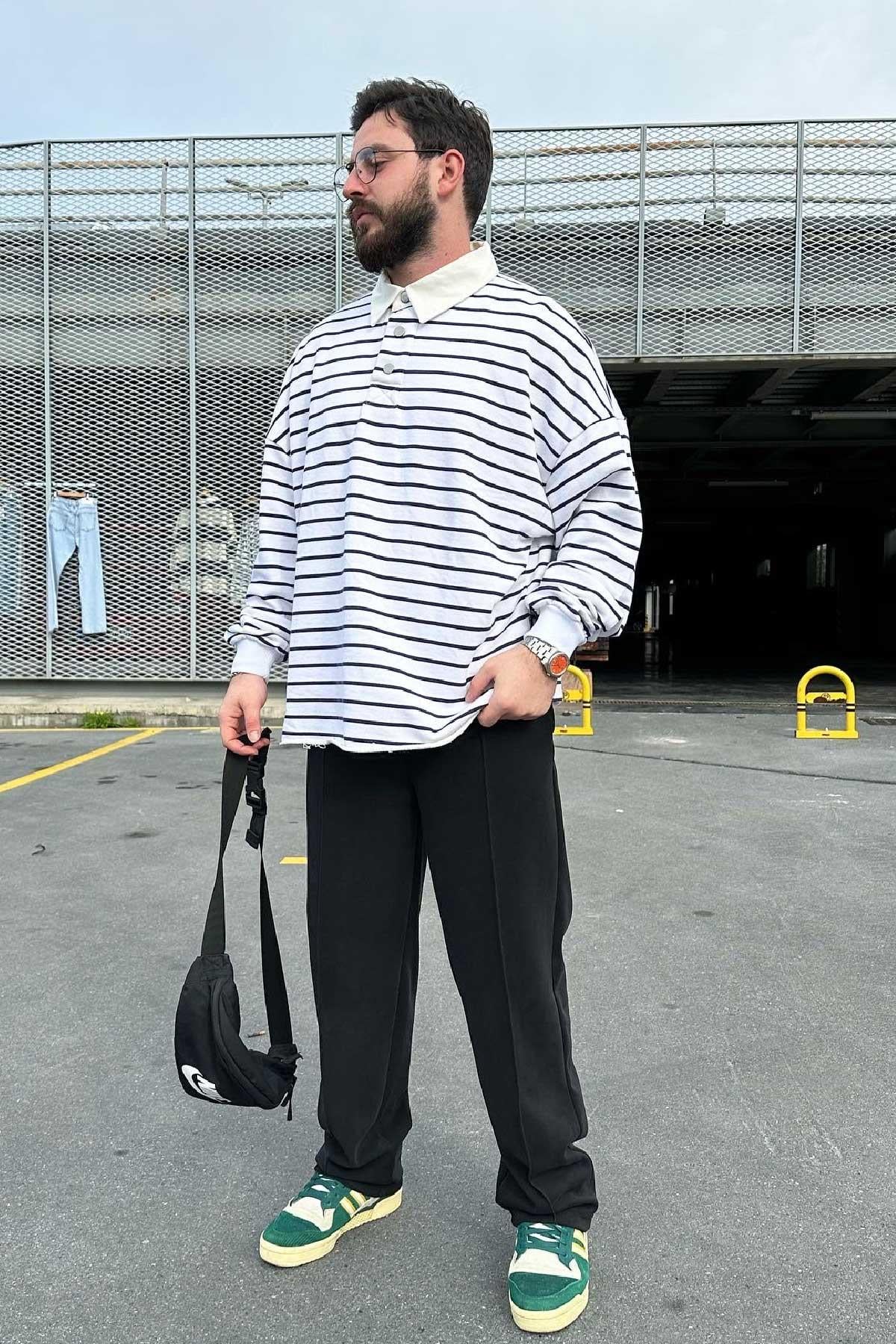 Yakalı Çizgili Sweat