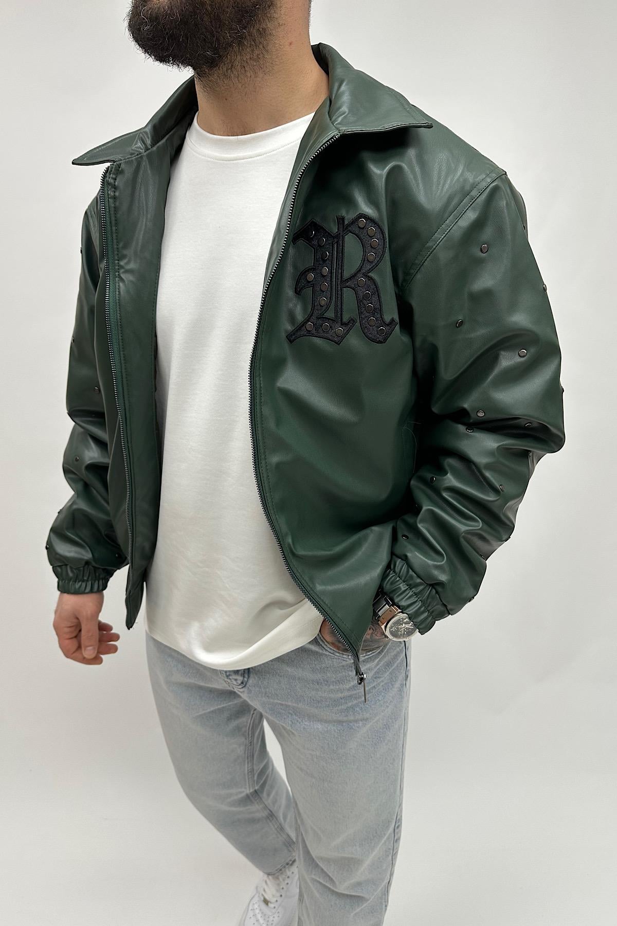 Yeşil Baskılı Deri Ceket