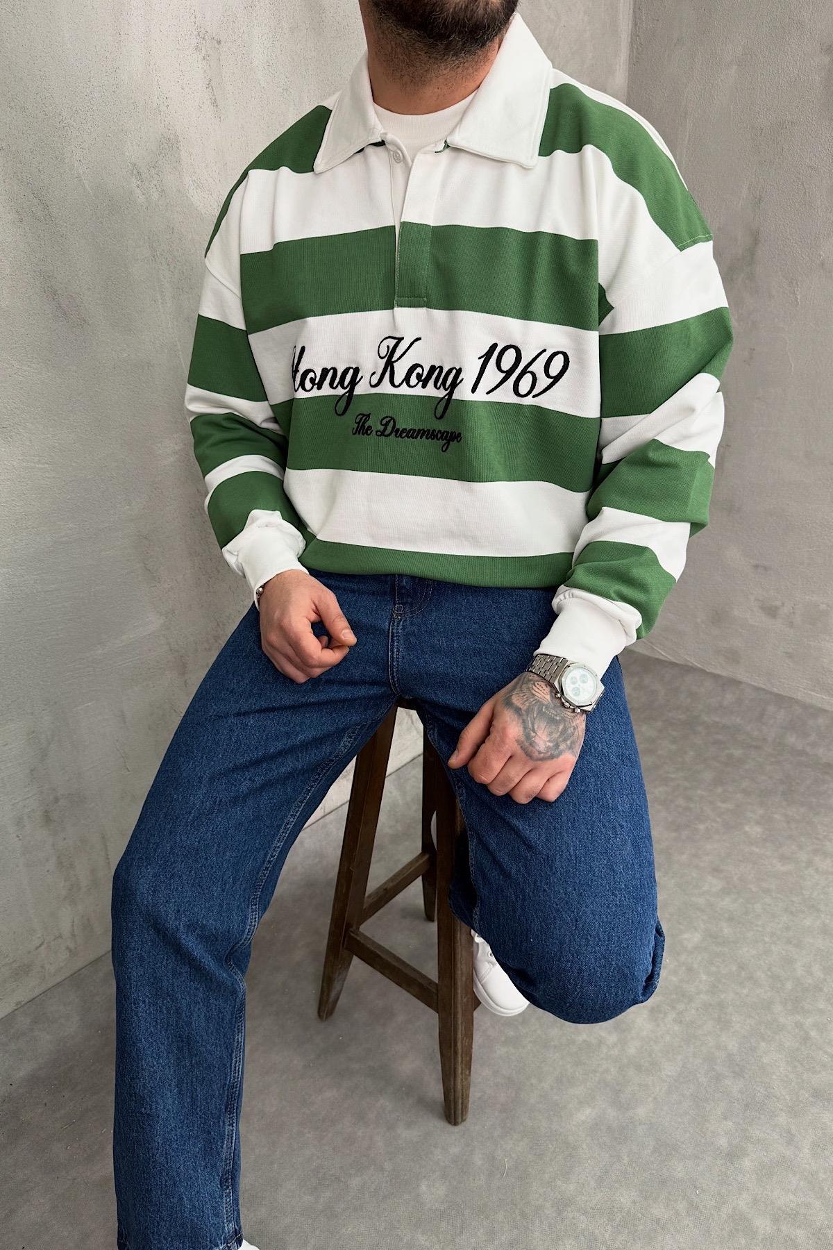 Yeşil Beyaz Çizgili Polo Yaka Sweatshirt