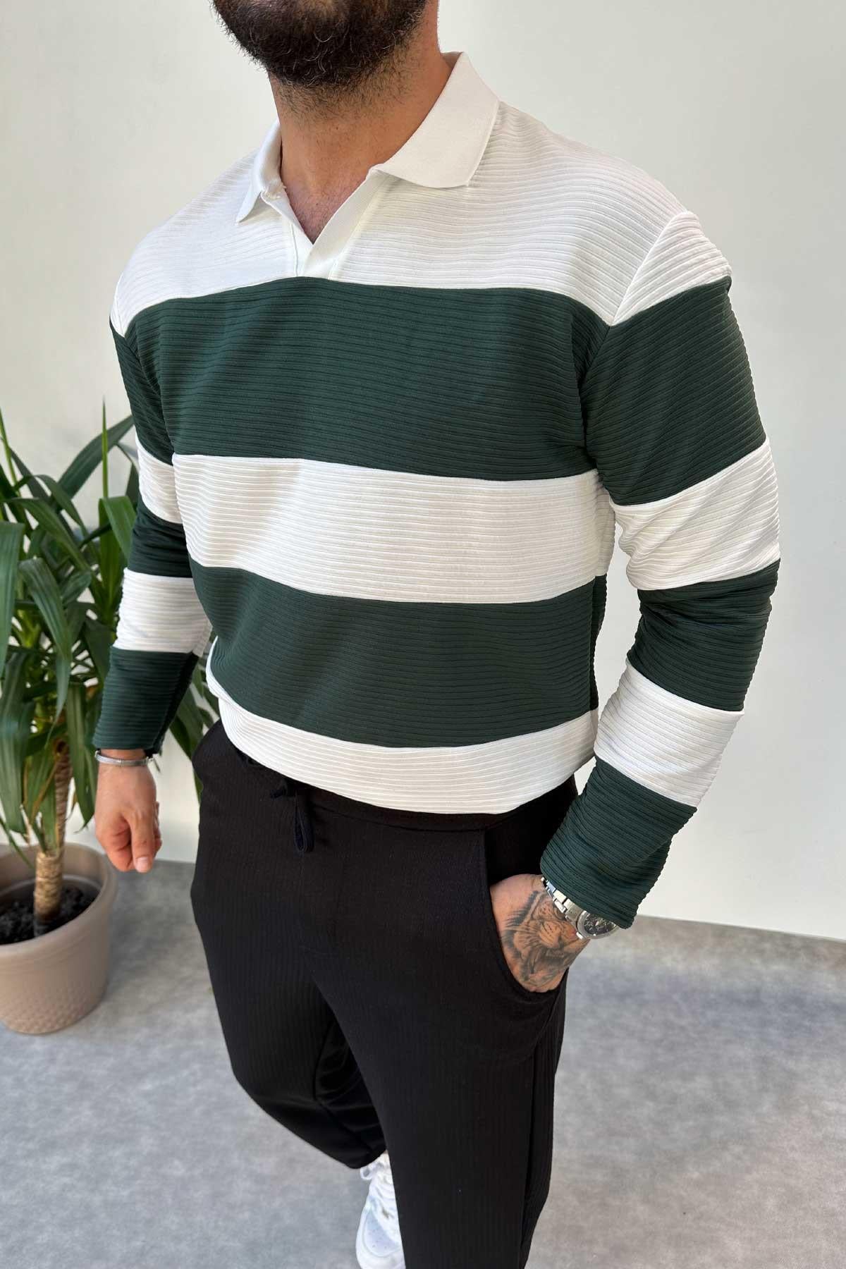 Yeşil Beyaz Fitilli Polo Yaka Sweatshirt