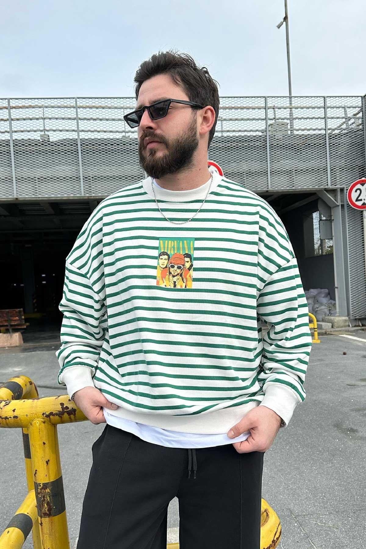 Yeşil Beyaz Nirvana Çizgili Triko 