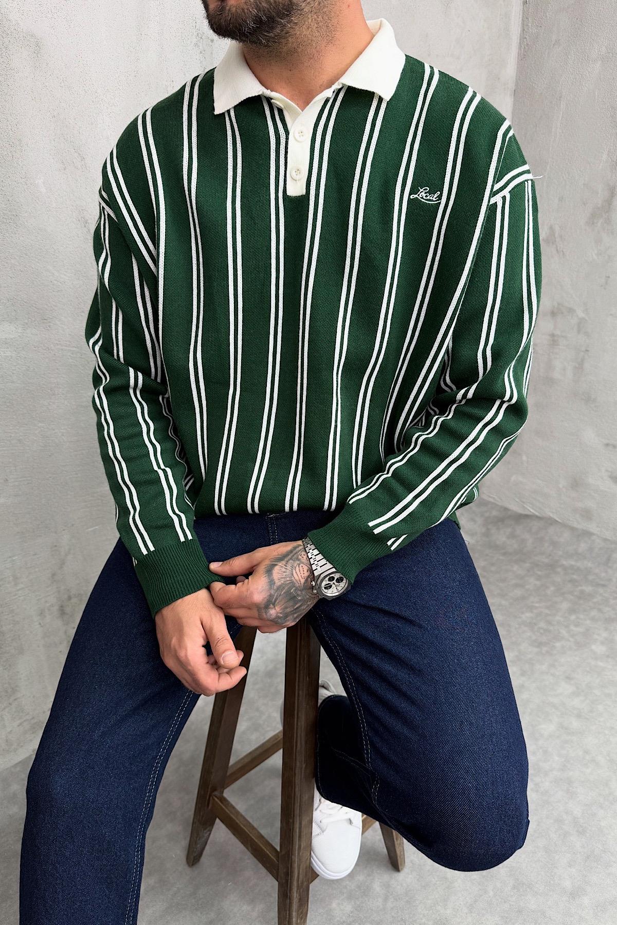 Yeşil Çizgili Polo Yaka Triko Sweat