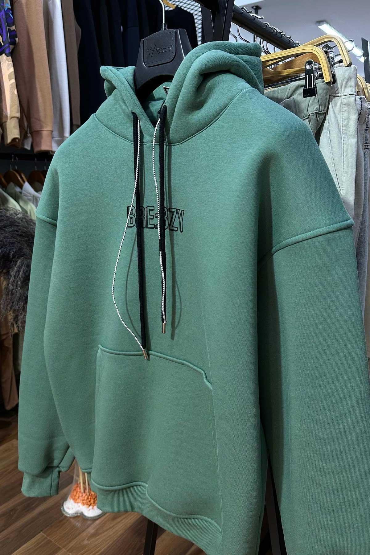 Yeşil Kaapşonlu Arkası Baskılı Sweatshirt