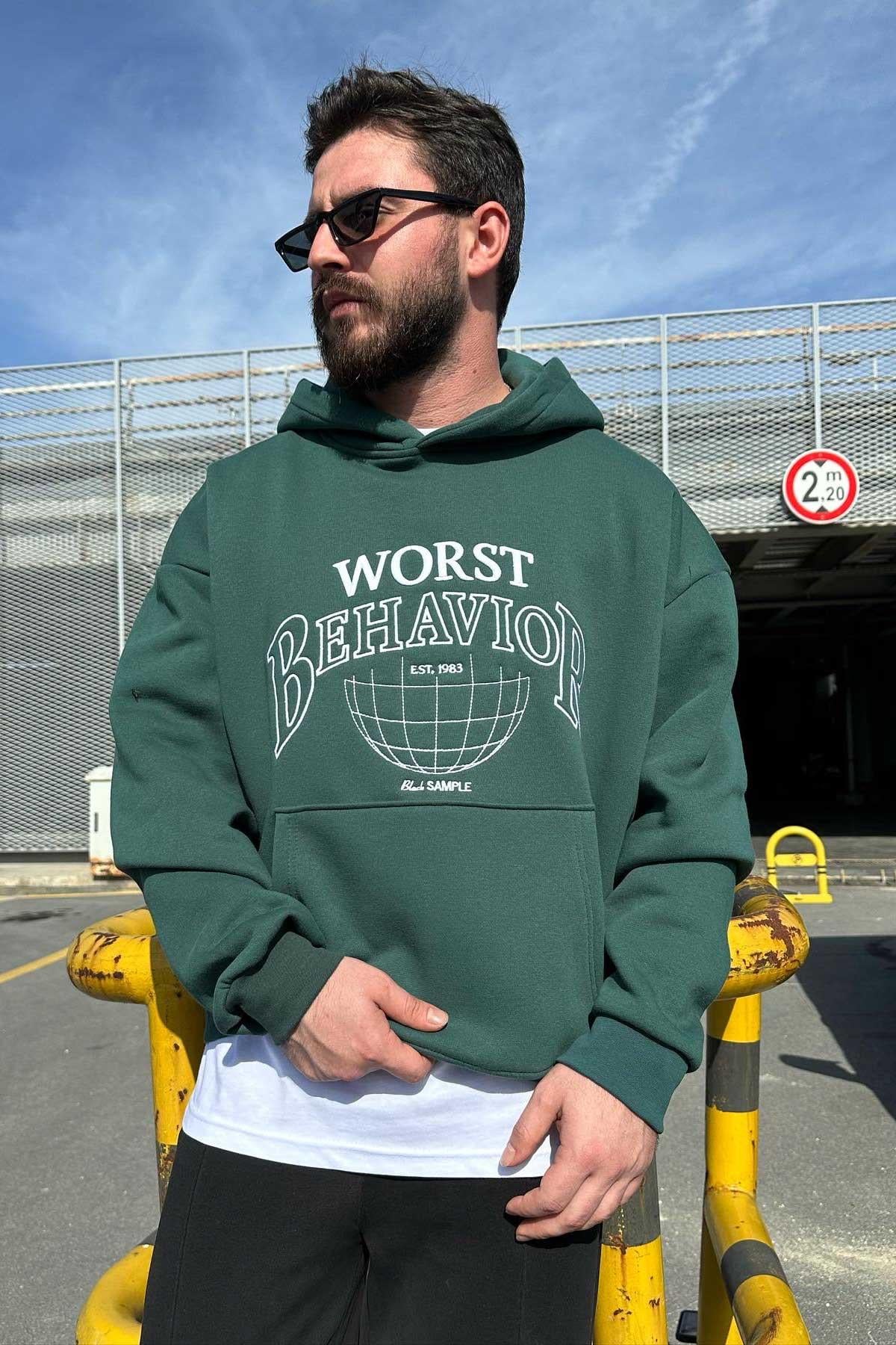 Yeşil Kapşonlu Worst Behavıor Sweatshirt