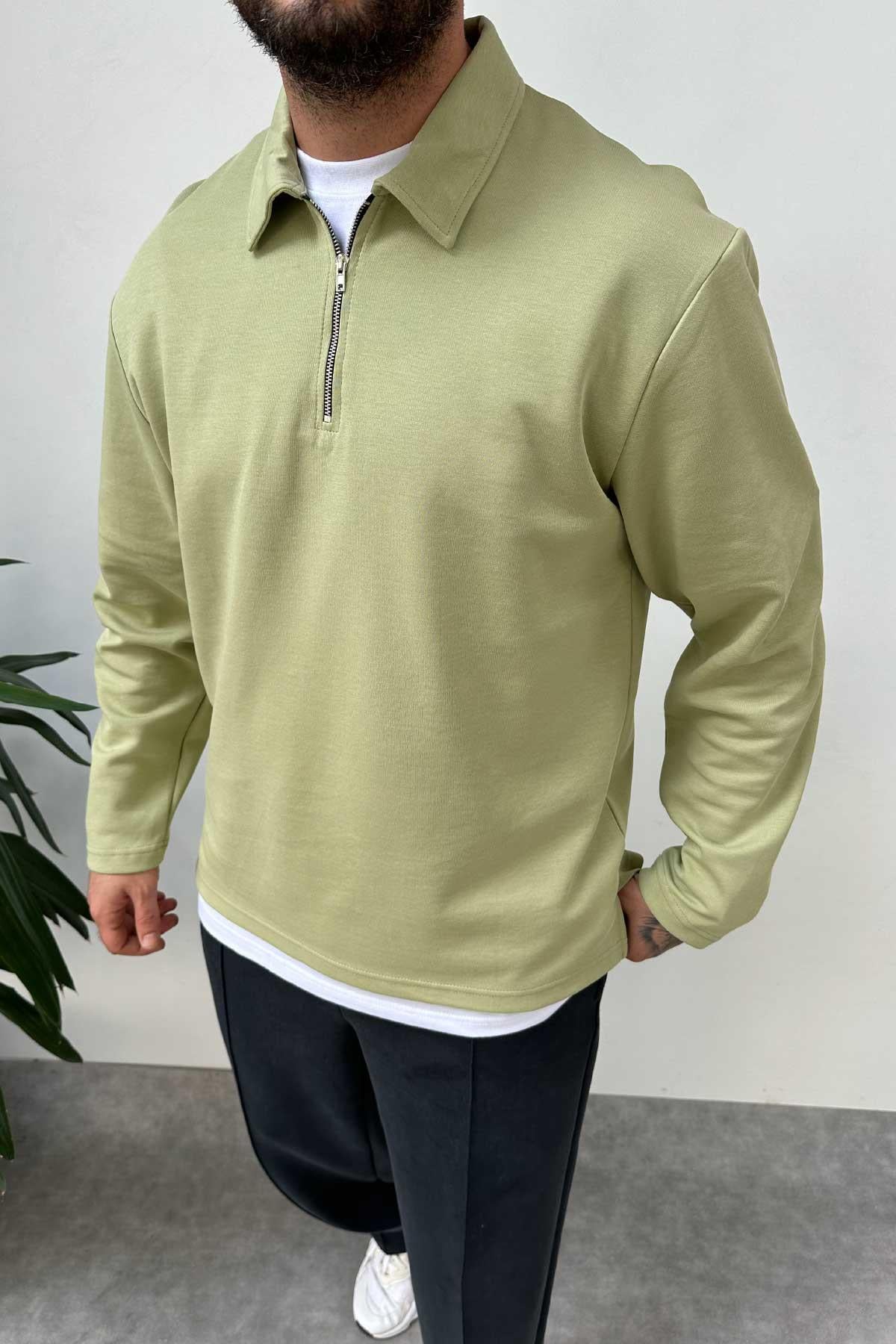 Yeşil Polo Yaka Oversize Sweatshirt