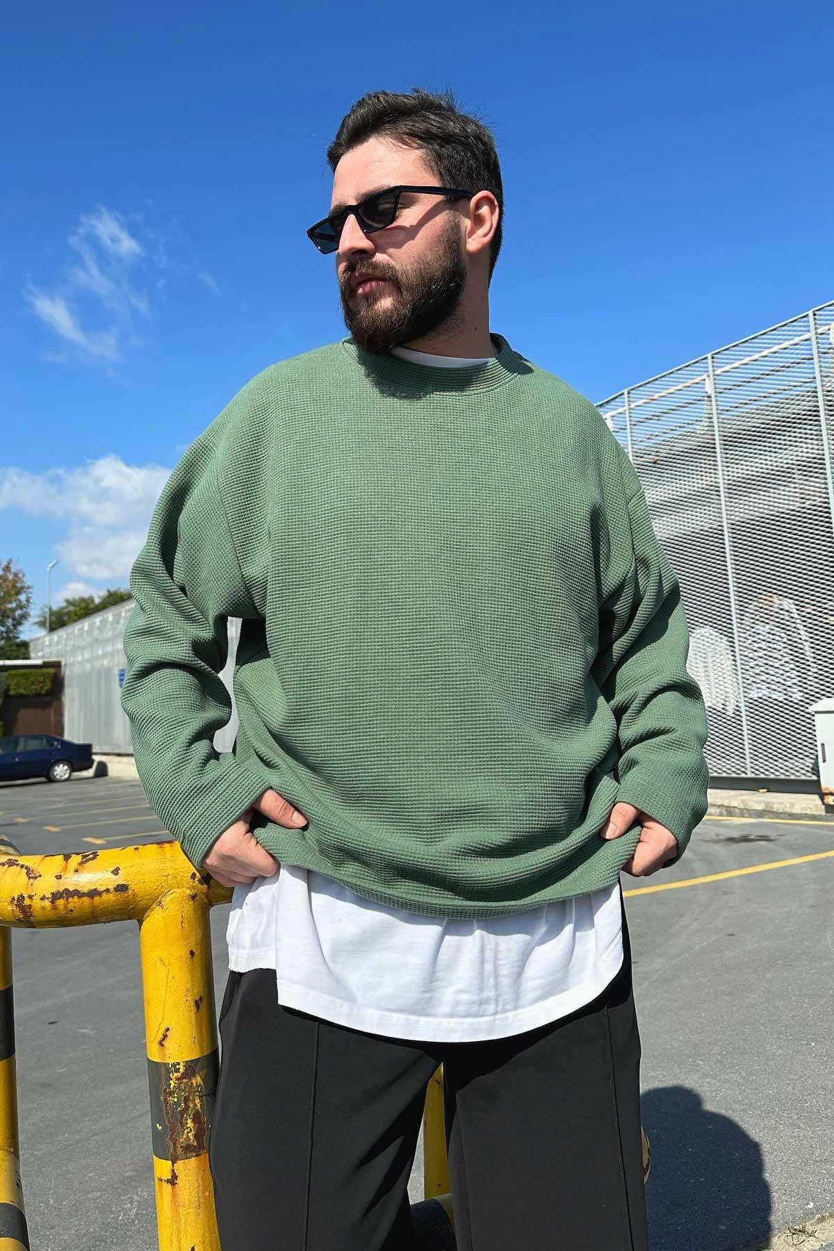 Yeşil Waffle Kumaş Sweat