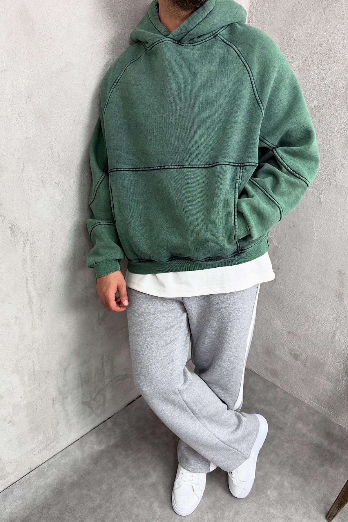Yeşil Yıkamalı Kapşonlu Sweatshirt