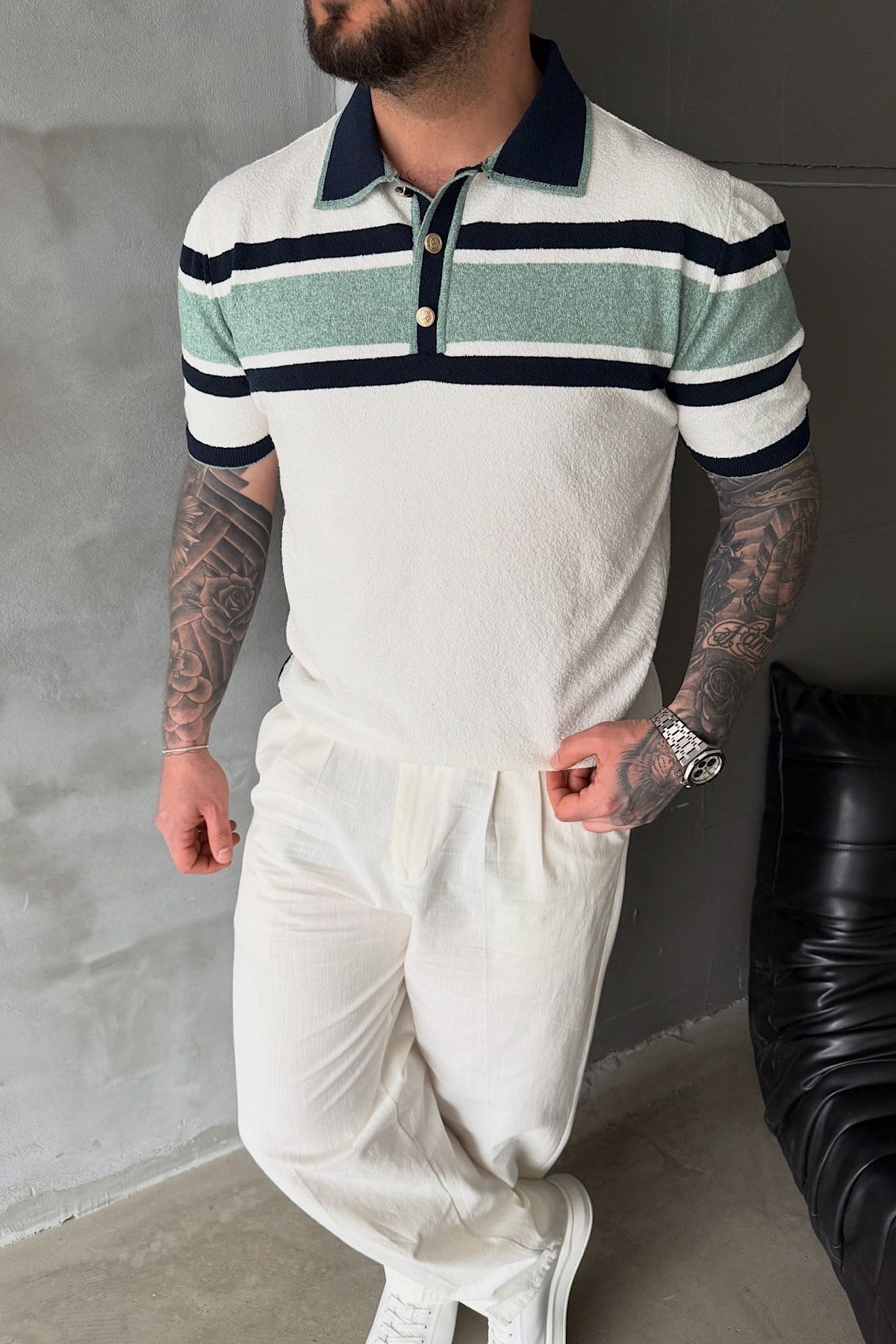 Yeşil&Lacivert Şeritli Polo Yaka T-Shirt