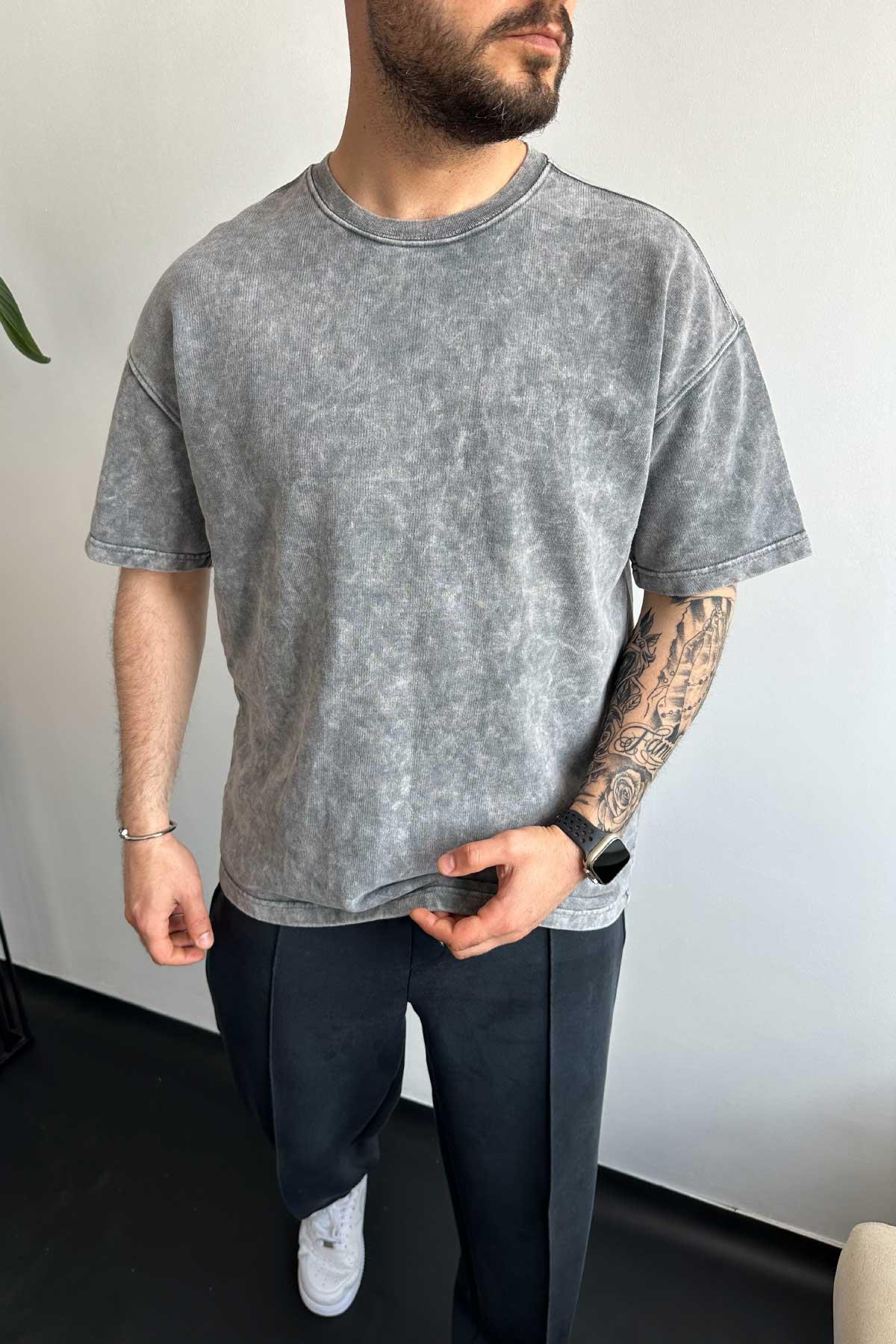 Yıkamalı Basic Tok Kumaş Oversize T-Shirt