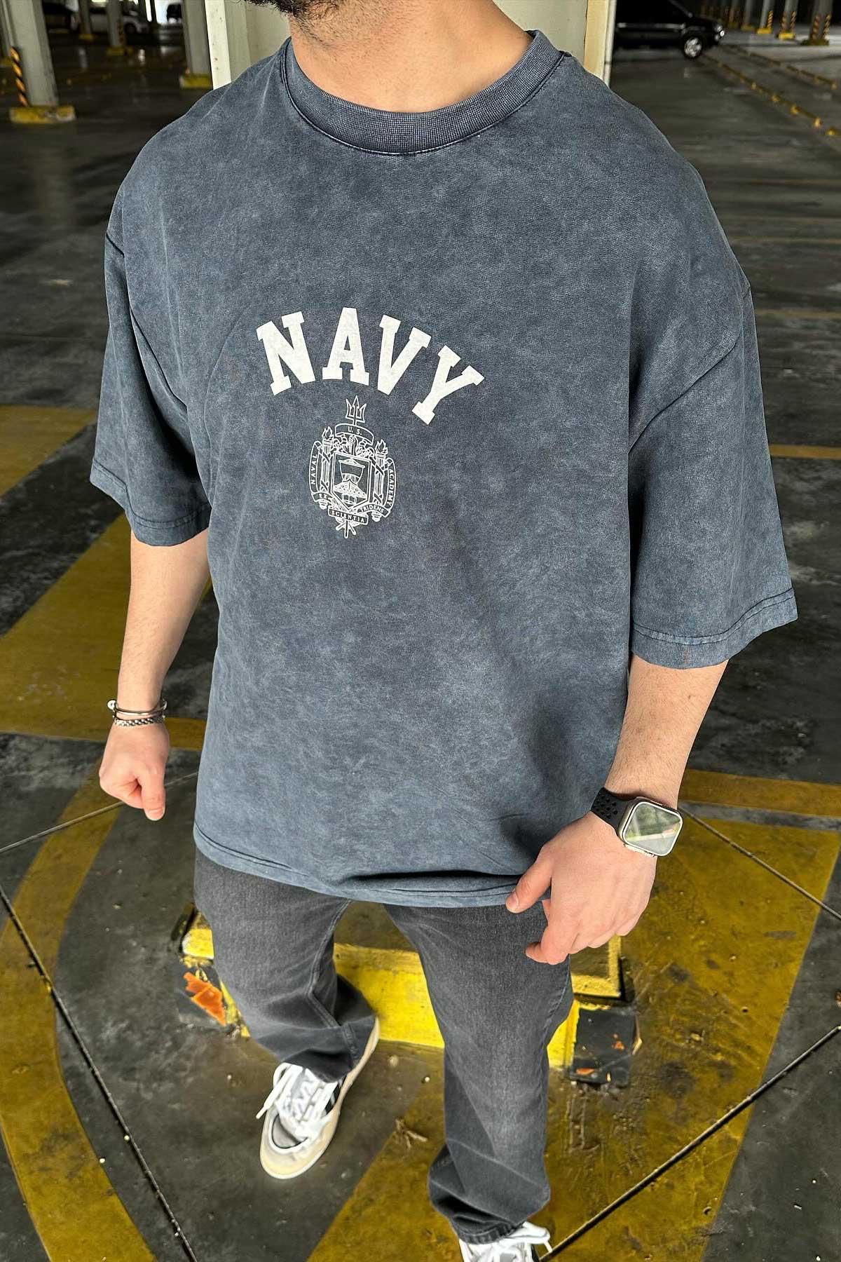 Yıkamalı Bol Kalıp Navy T-Shirt