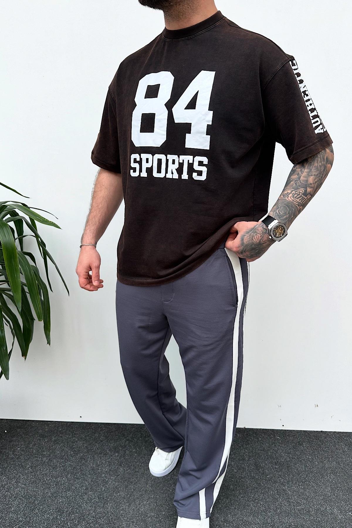 Yıkamalı Kahverengi Baskılı T-Shirt