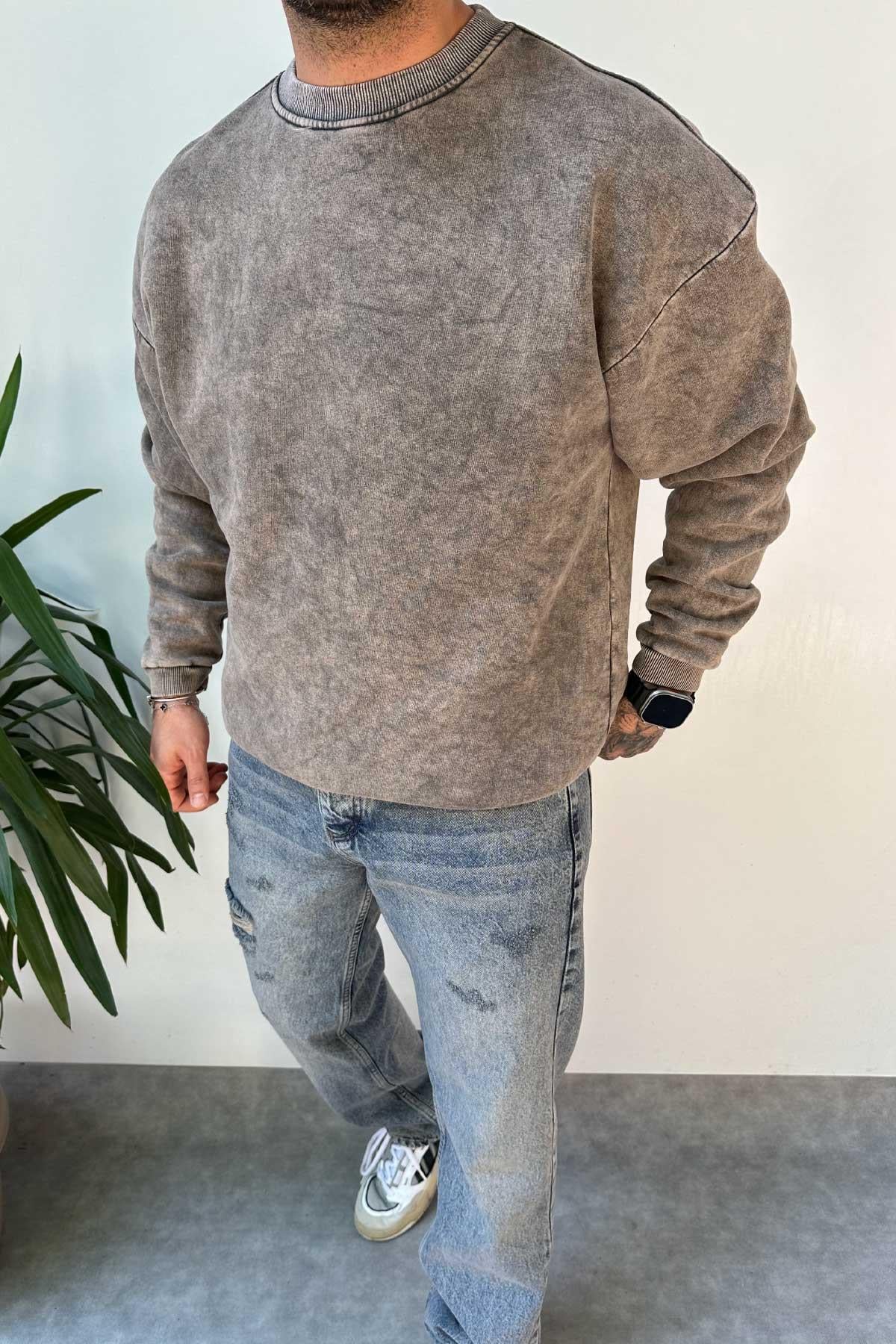 Yıkamalı Kahverengi Sweatshirt