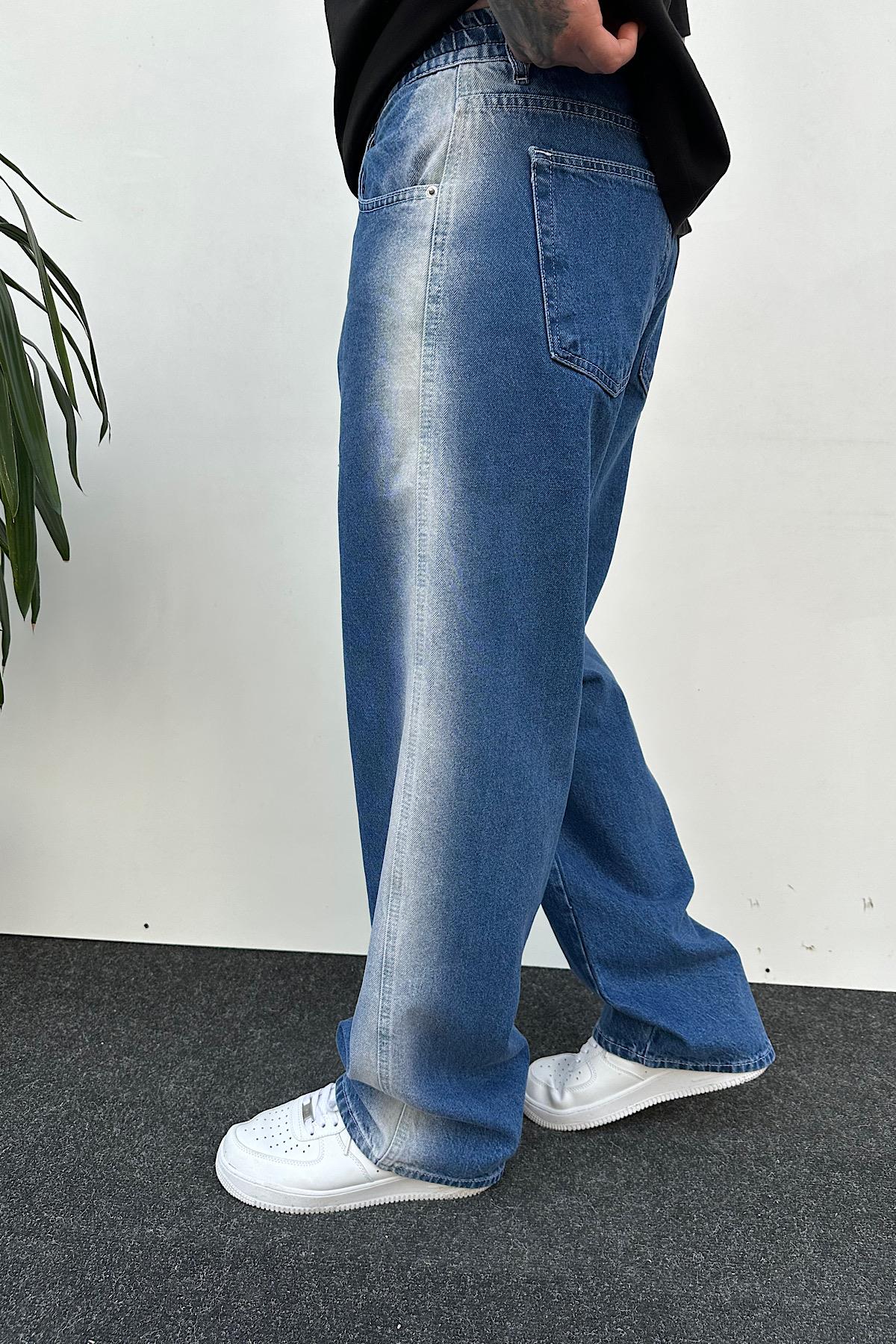 Yıkamalı Mavi Baggy Pantolon