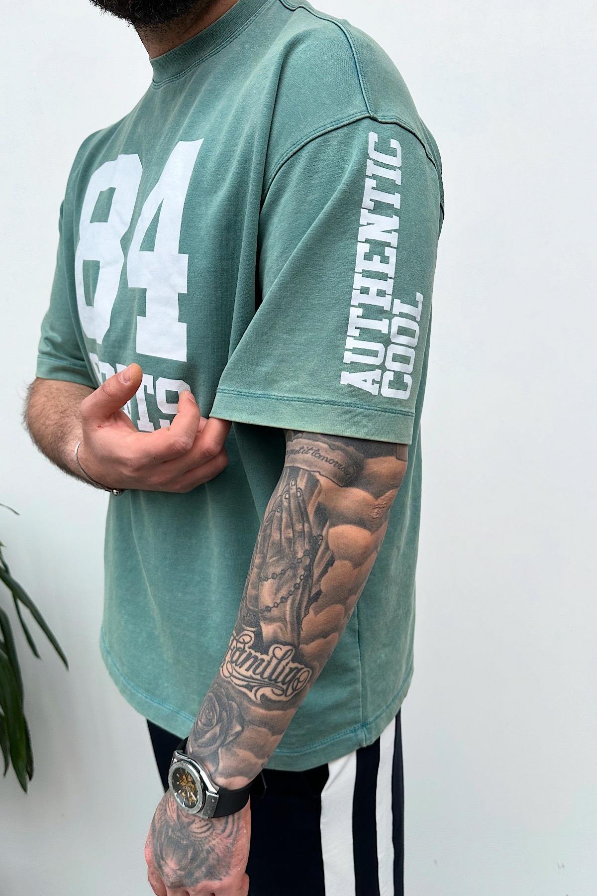 Yıkamalı Yeşil Baskılı T-Shirt