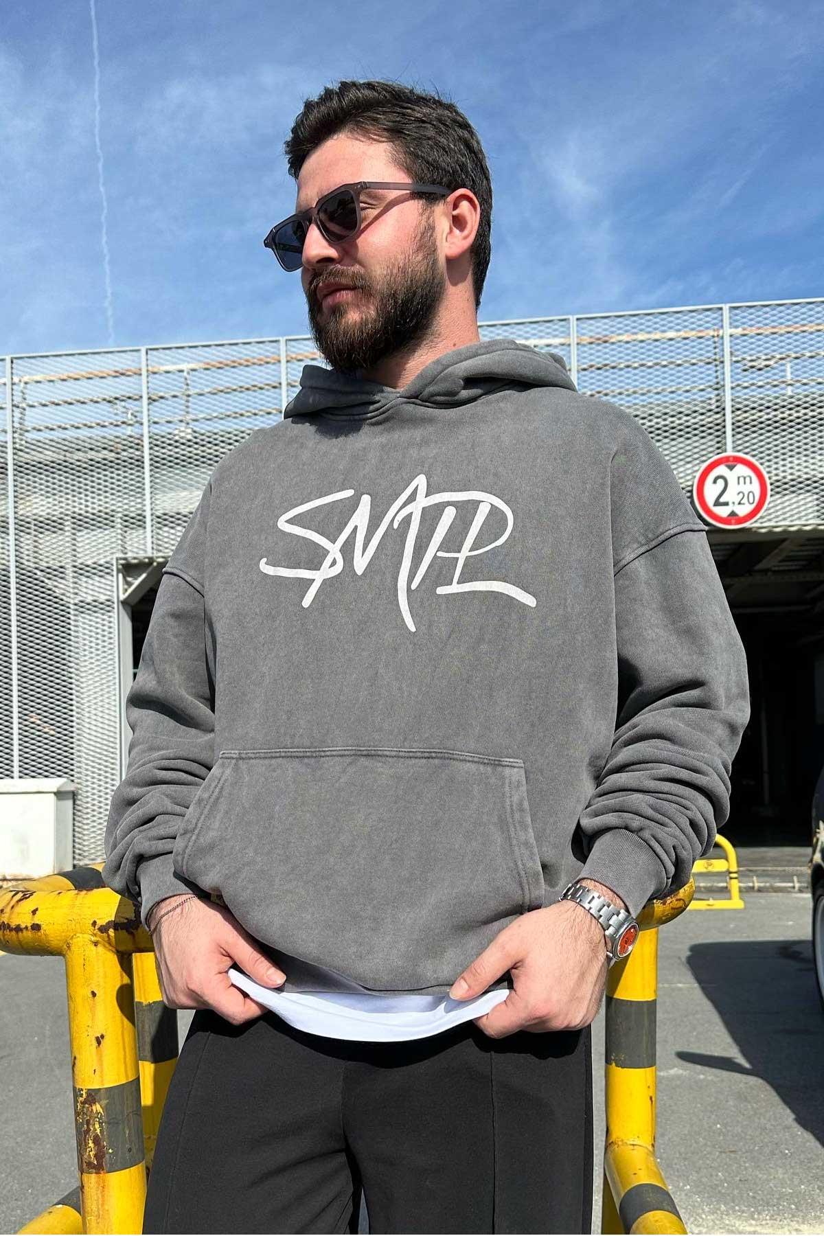 Yıkamlı Tok Kumaş Kapşonlu Swaetshirt