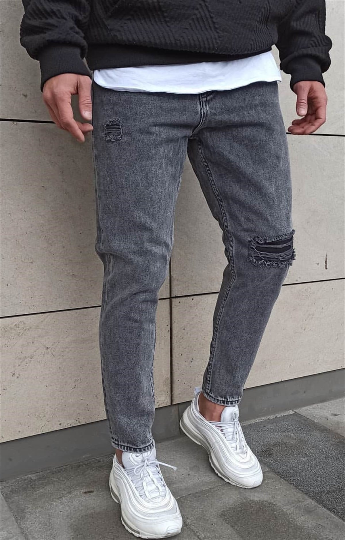 Yırtık Detay Boyfriend Jeans Gri