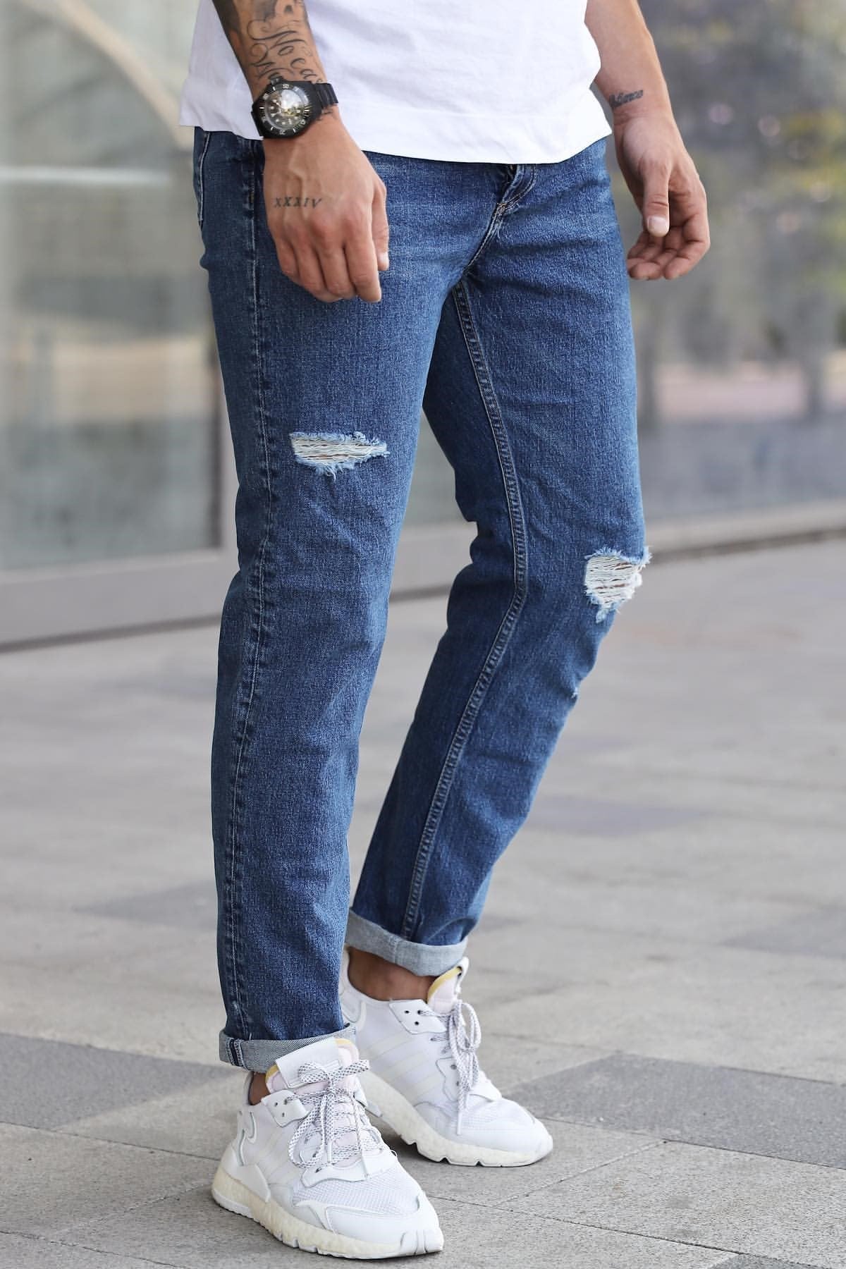 Yırtık Detay Regular Fit Jeans Mavi