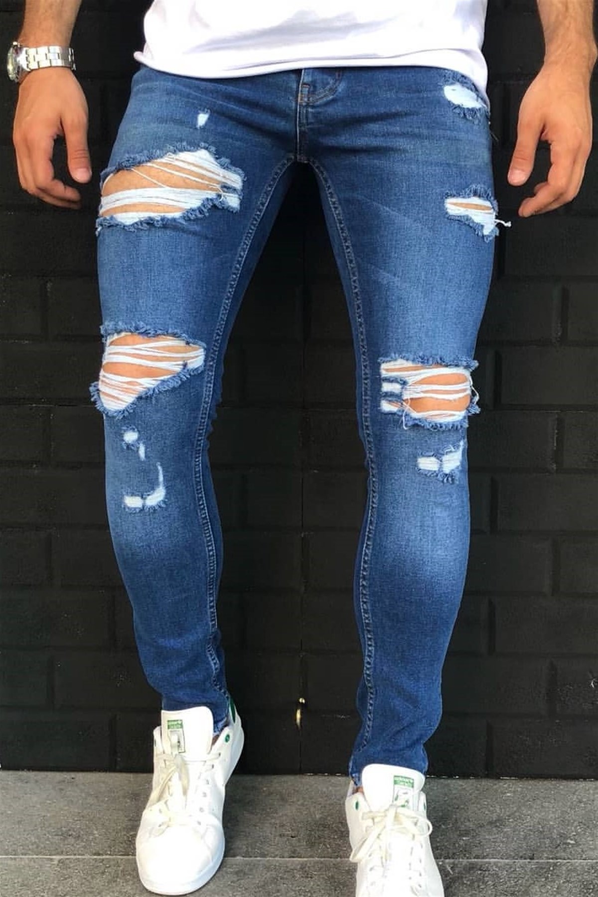 Yırtık Detay Skinny Jeans Koyu Mavi