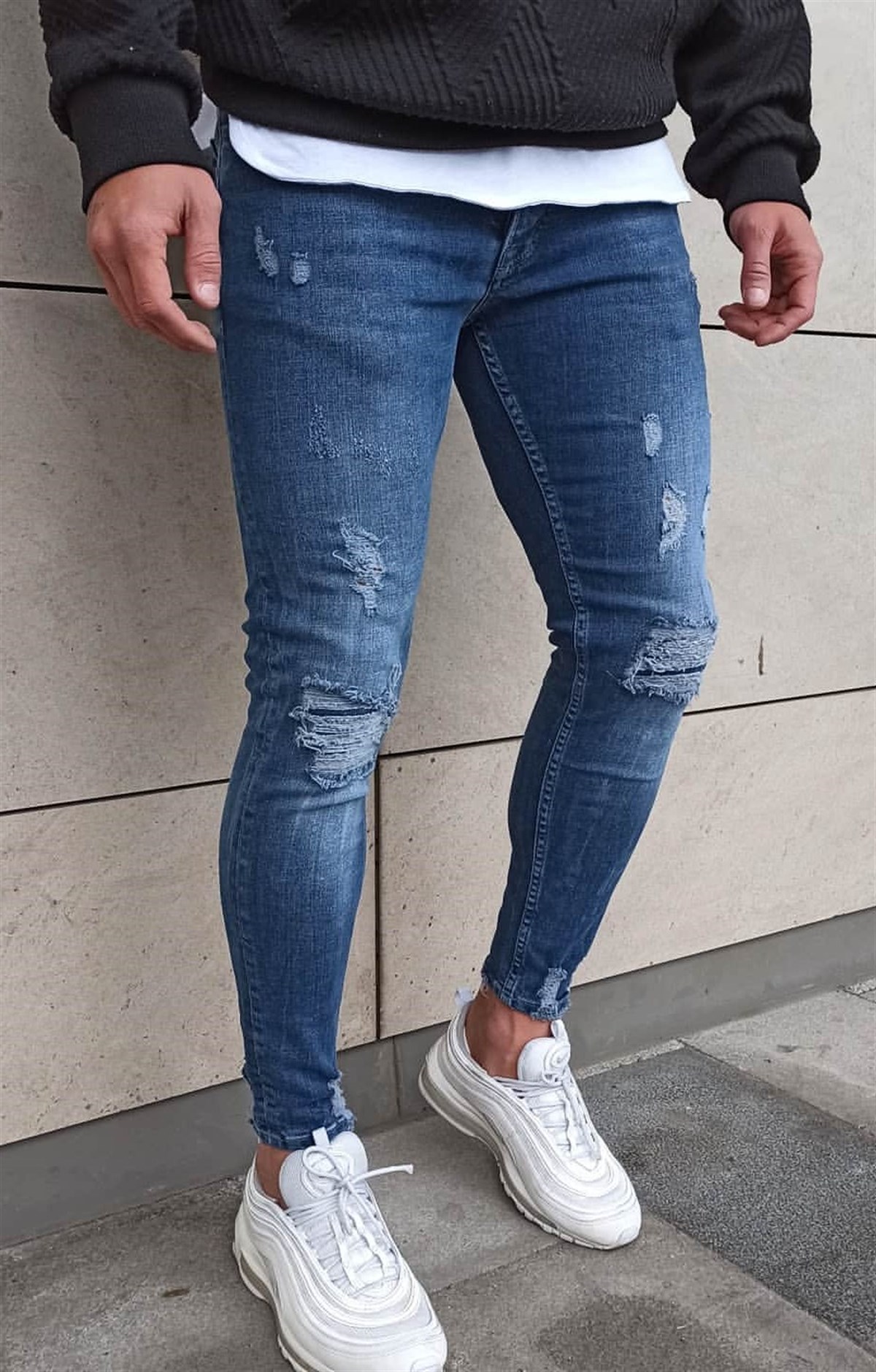 Yırtık Detay Skinny Jeans Mavi