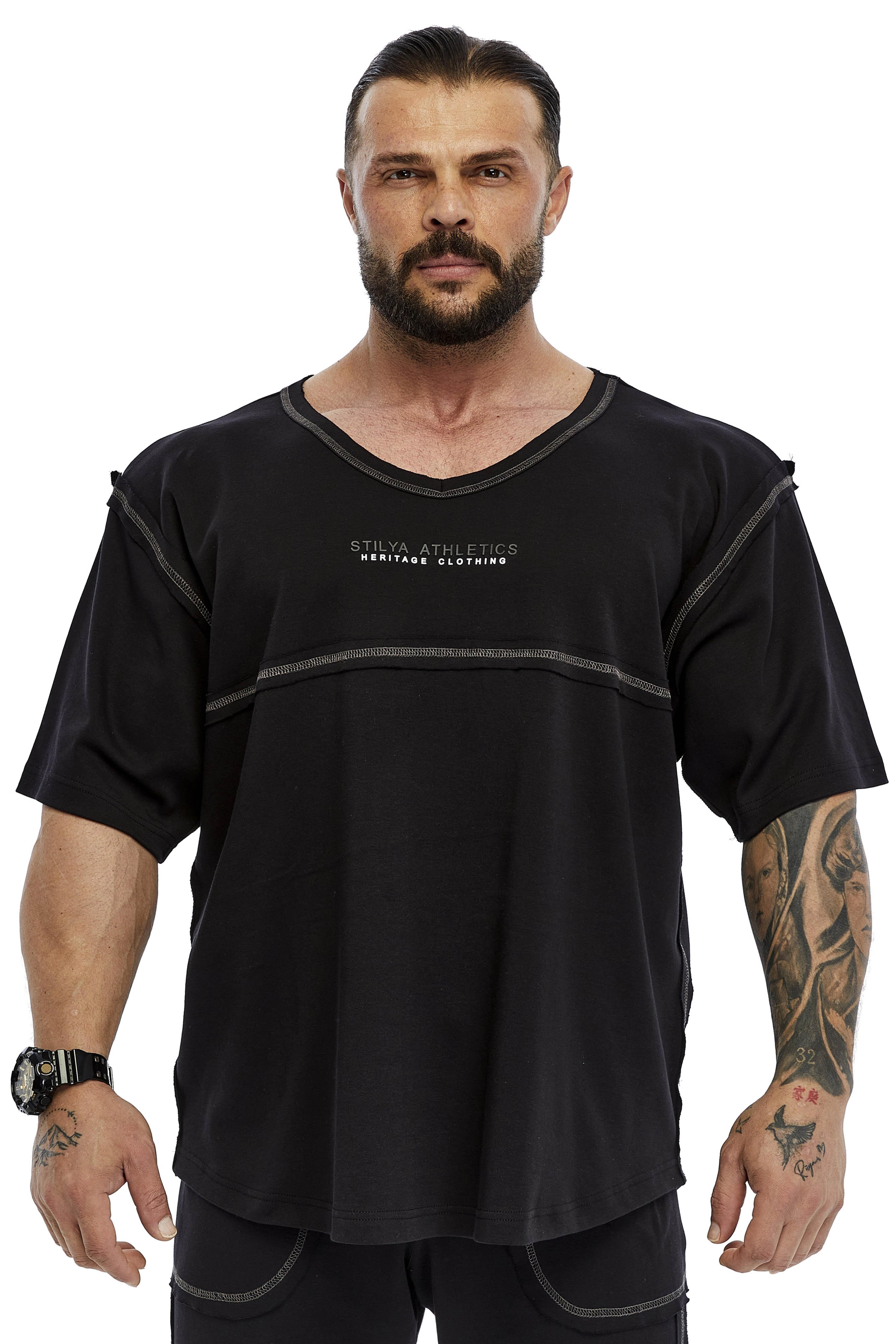 Erkek Oversize, Açık Yaka, Dikiş Detaylı Tişört Stilya 3384