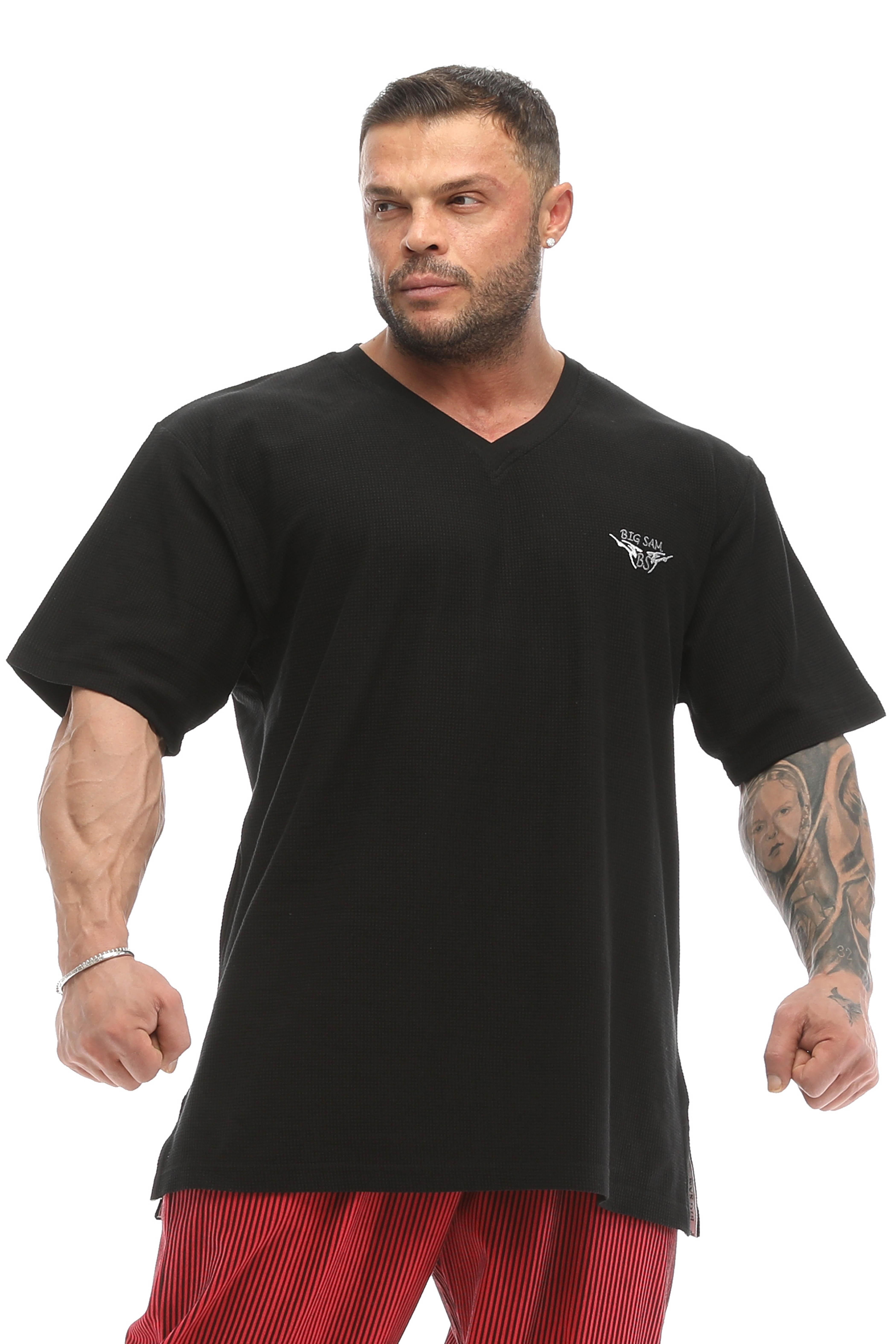 Oversize, V Yaka Waffle Kumaş Pamuklu Spor Tişört Big Sam 2728