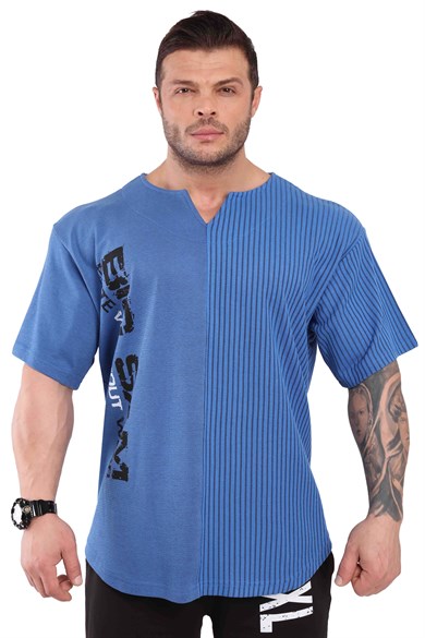 Oversize Antrenman Tişörtü Rahat Kesim Mavi Big Sam 3246