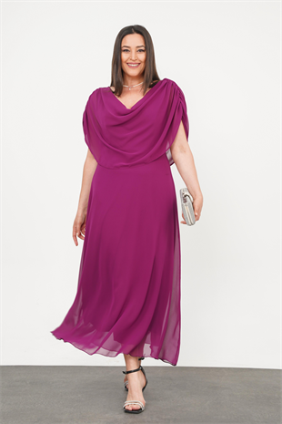 Büyük Beden Drape Yaka Abiye Fuşya
