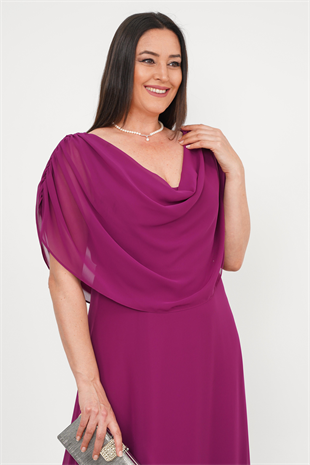 Büyük Beden Drape Yaka Abiye Fuşya