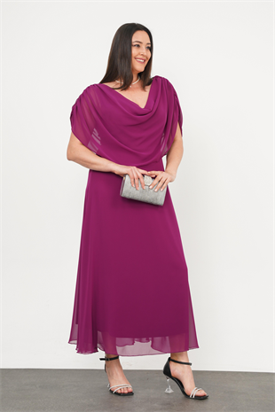 Büyük Beden Drape Yaka Abiye Fuşya