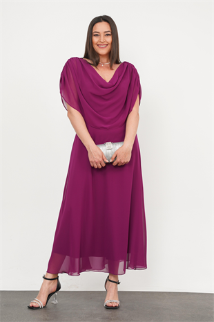 Büyük Beden Drape Yaka Abiye Fuşya