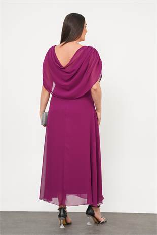Büyük Beden Drape Yaka Abiye Fuşya
