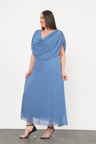 Büyük Beden Drape Yaka Abiye Mavi