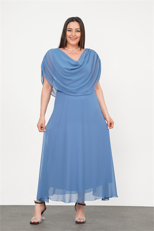 Büyük Beden Drape Yaka Abiye Mavi