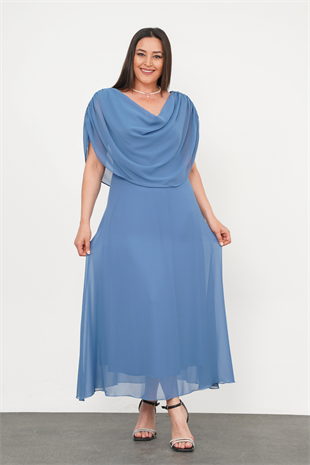 Büyük Beden Drape Yaka Abiye Mavi