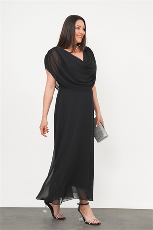 Büyük Beden Drape Yaka Abiye Siyah
