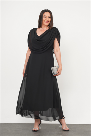 Büyük Beden Drape Yaka Abiye Siyah