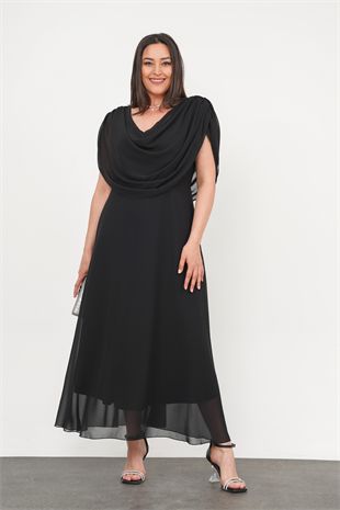 Büyük Beden Drape Yaka Abiye Siyah